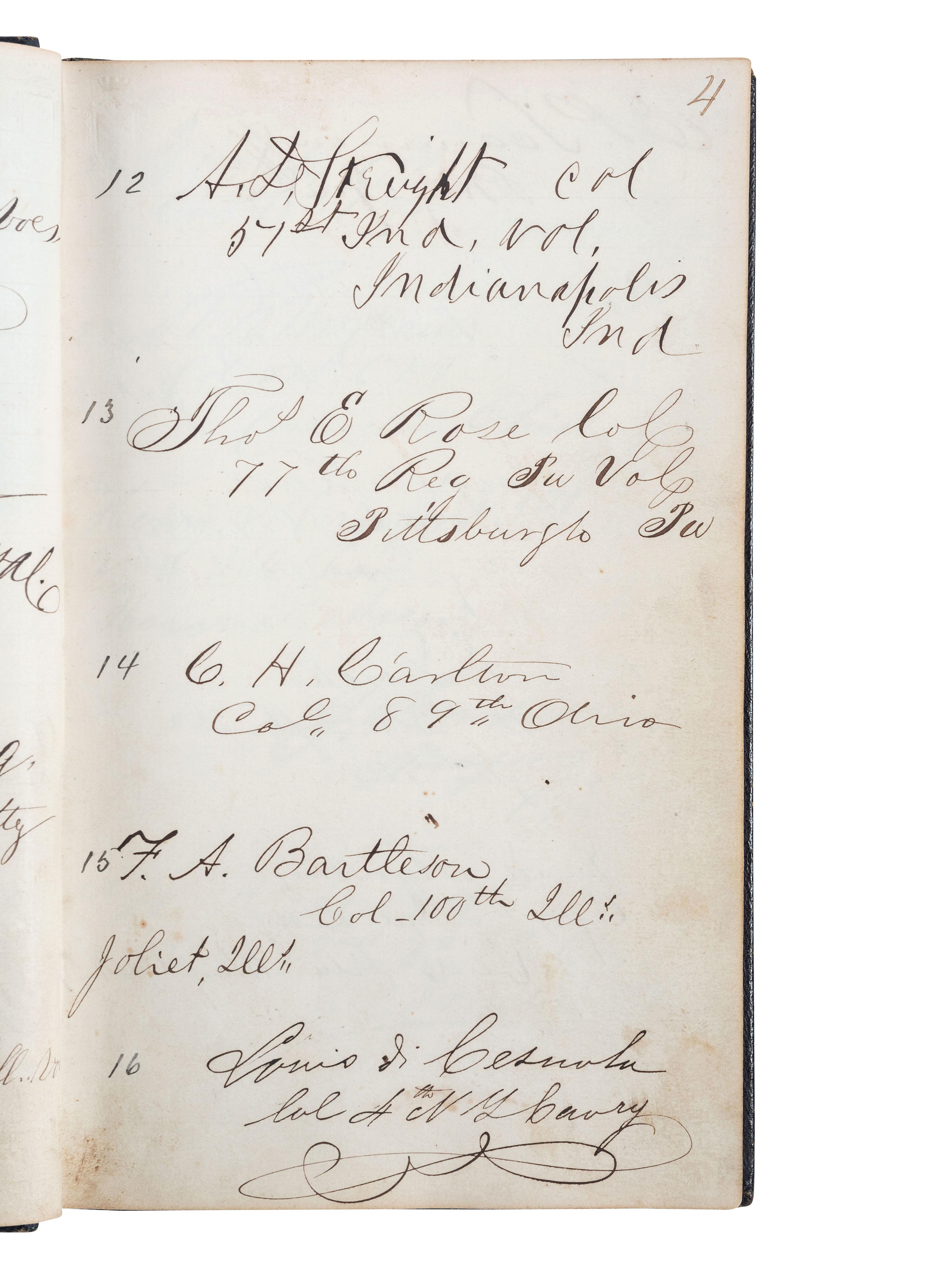 [CIVIL WAR]. Union POW autograph album signed by officers confined at Libby Prison and Bible identified to Capt. Alonzo Martin Keeler, 22nd Michigan Infantry.