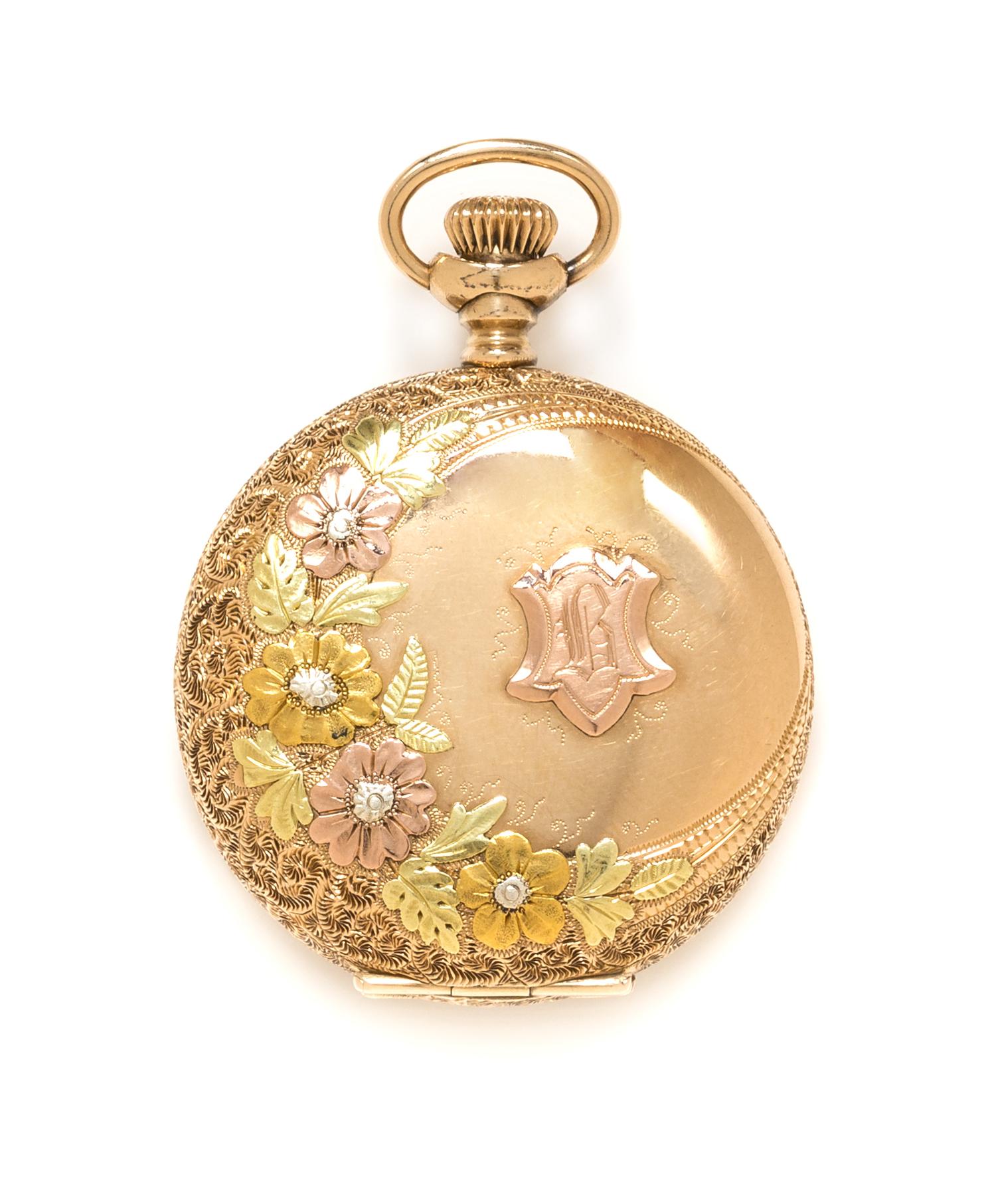 A 14 Karat Tricolor Gold and Diamond Hunter Case Pocket Watch, Elgin, Circa 1900, 23.20 dwts.