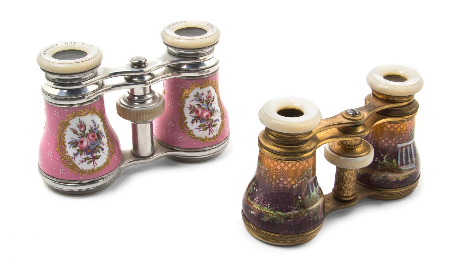 Two Pairs of French Enameled and Mother-of-Pearl Inset Opera Glasses, Width of first 3 7/8 inches.