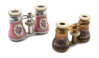 Two Pairs of French Enameled and Mother-of-Pearl Inset Opera Glasses, Width of first 3 7/8 inches.