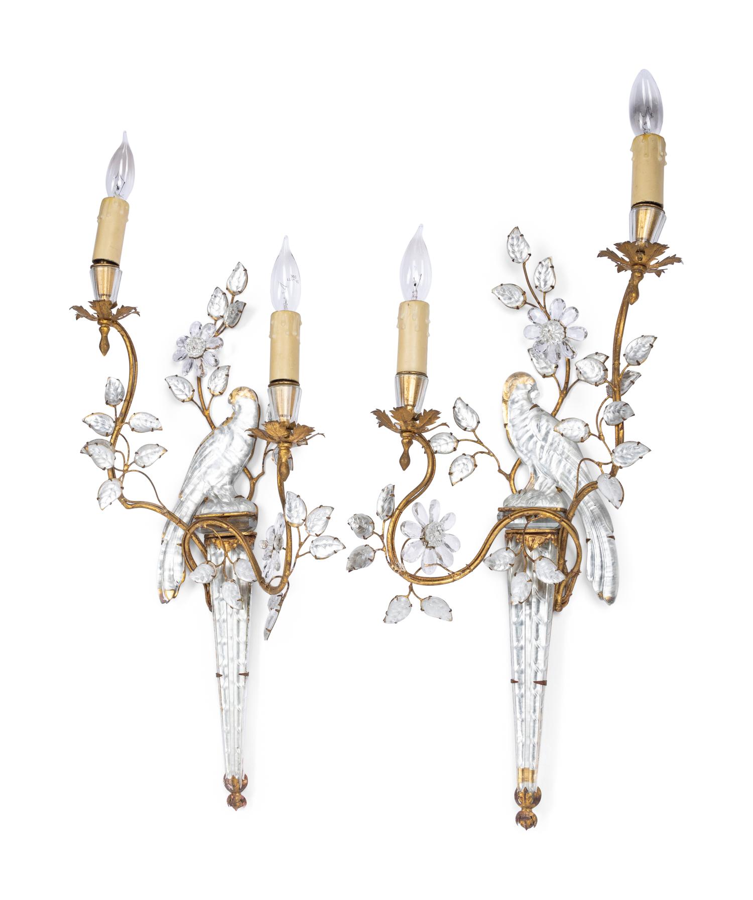 A Pair of Gilt Metal and Glass Two-Light Sconces in the Style of Maison Baguès