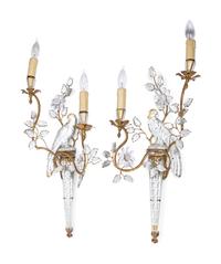 A Pair of Gilt Metal and Glass Two-Light Sconces in the Style of Maison Baguès