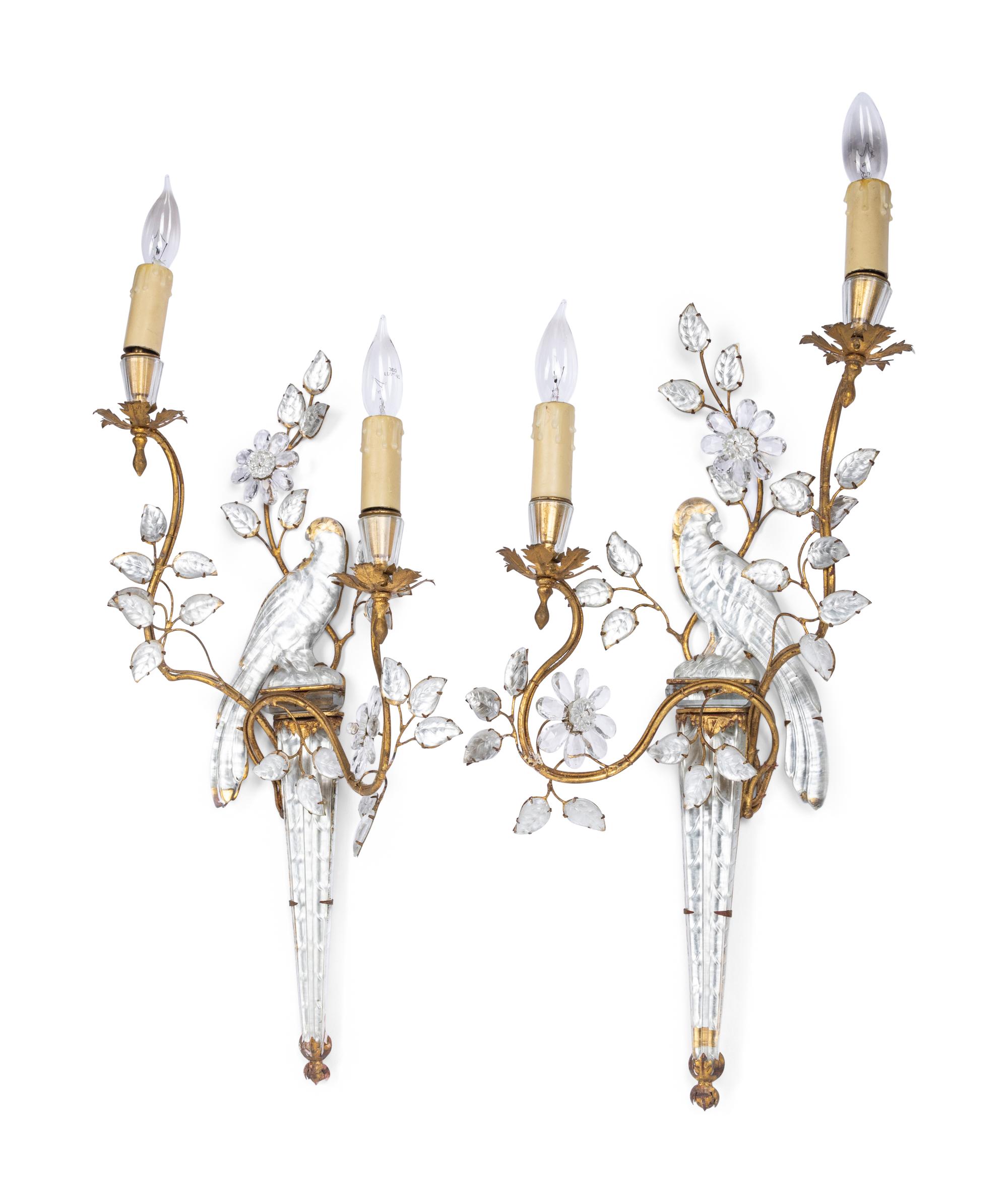 A Pair of Gilt Metal and Glass Two-Light Sconces in the Style of Maison Baguès