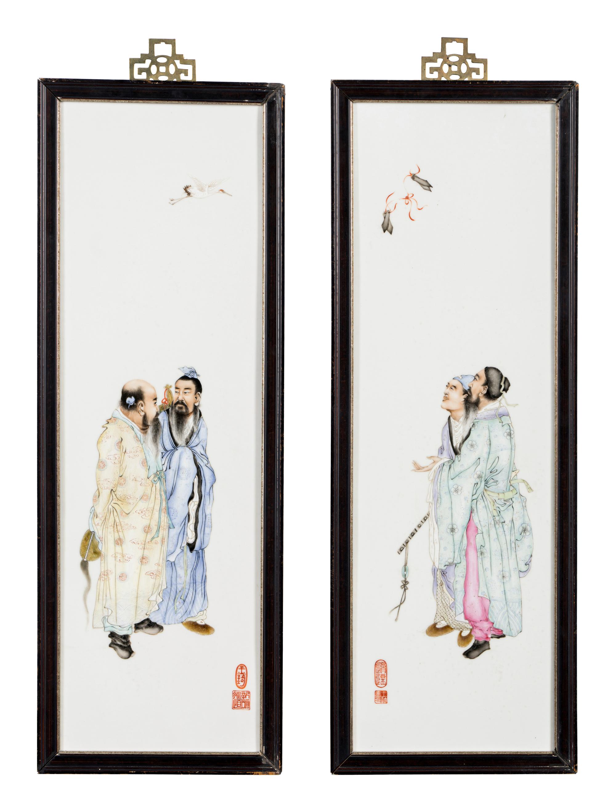 Four Porcelain Plaques Inset Hanging Panels Attributed to Wang Qi (1884-1937)