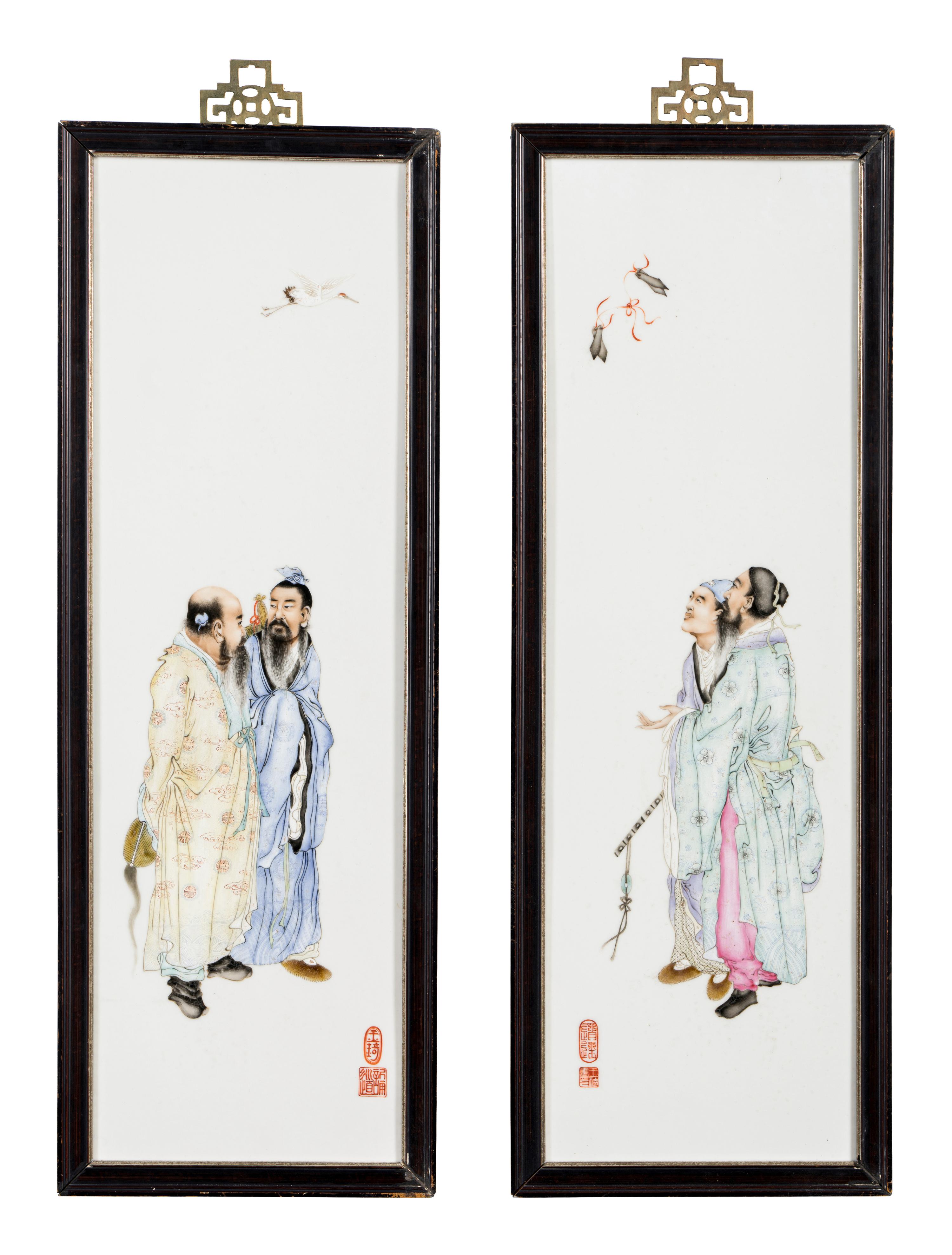 Four Porcelain Plaques Inset Hanging Panels Attributed to Wang Qi (1884-1937)