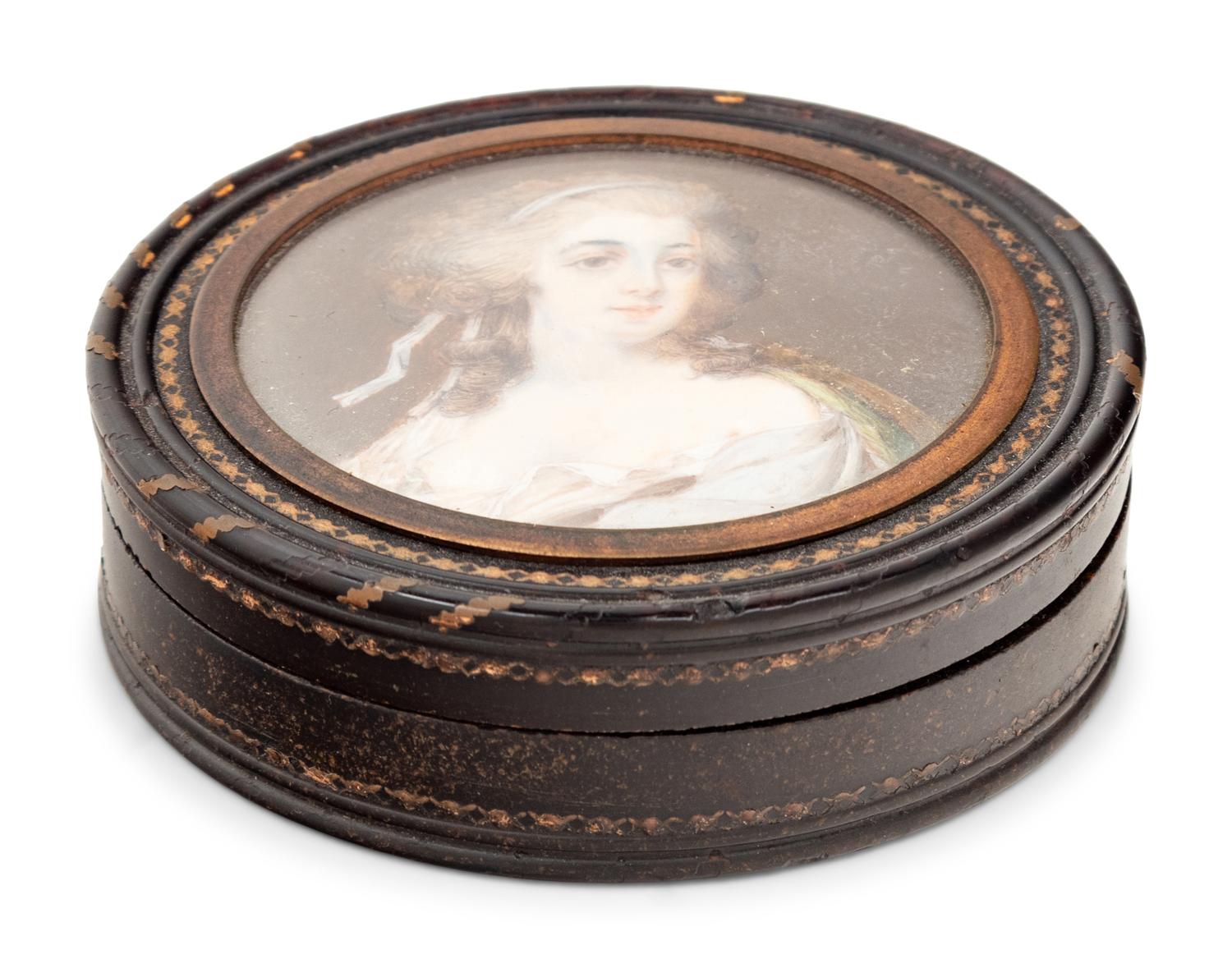 A Continental Gilt Metal Mounted and Portrait Miniature Inset Tortoiseshell Snuff Box