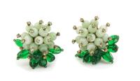 A Pair of Miriam Haskell Green Bead and Rhinestone Earclips,