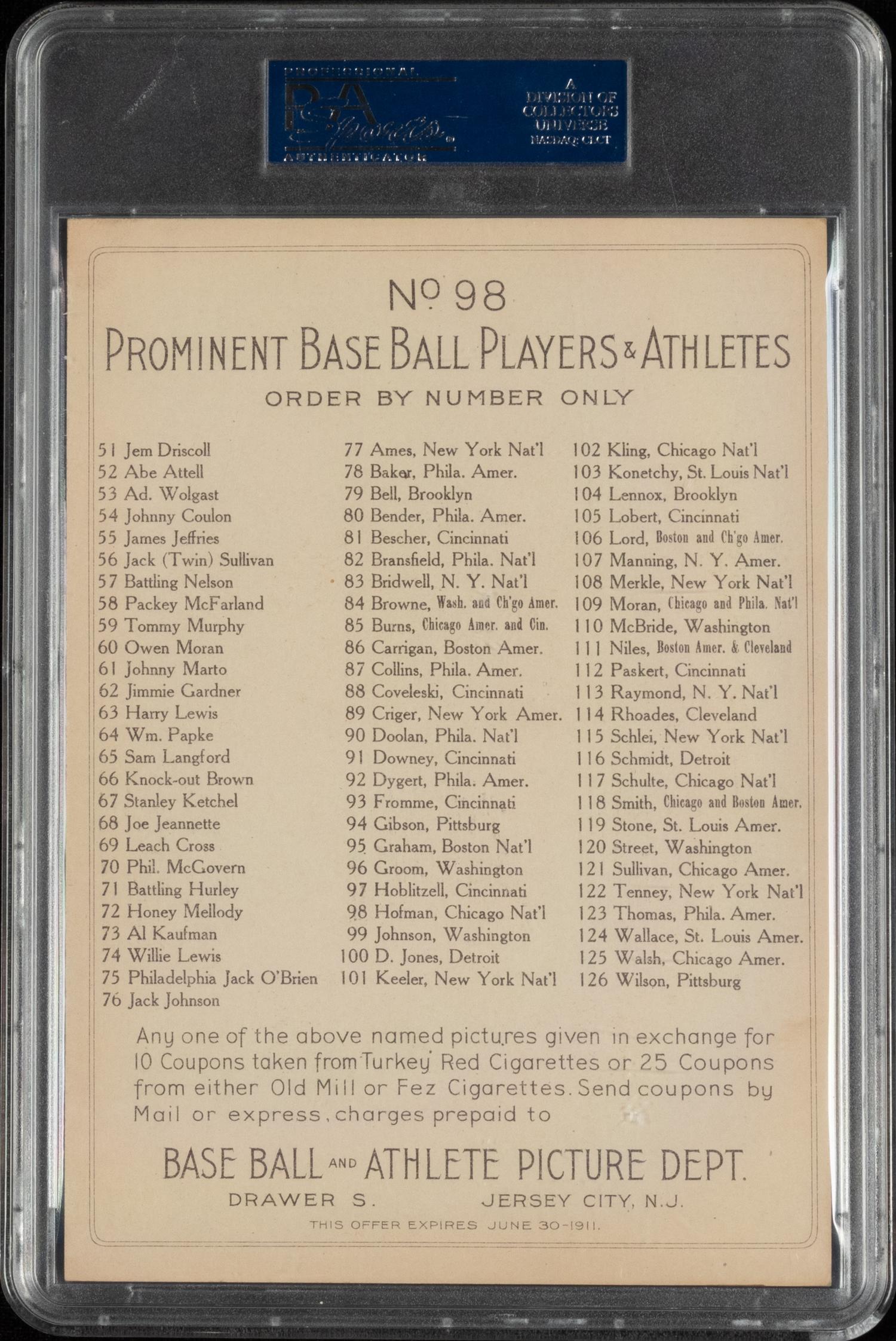 A 1911 T3 Turkey Red Cabinets Solly Hofman Baseball Card (PSA 4 VG-EX) Checklist Back