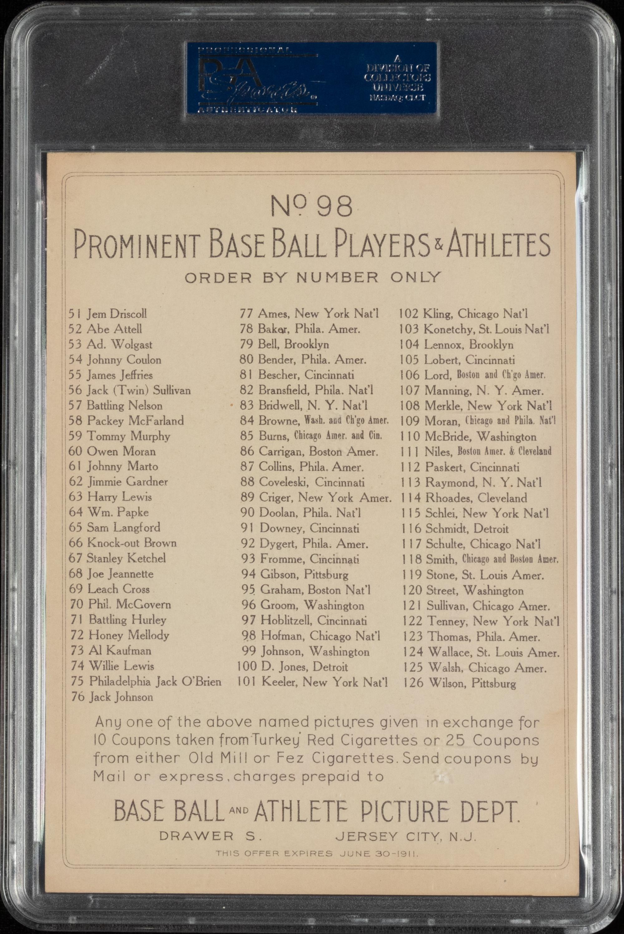 A 1911 T3 Turkey Red Cabinets Solly Hofman Baseball Card (PSA 4 VG-EX) Checklist Back