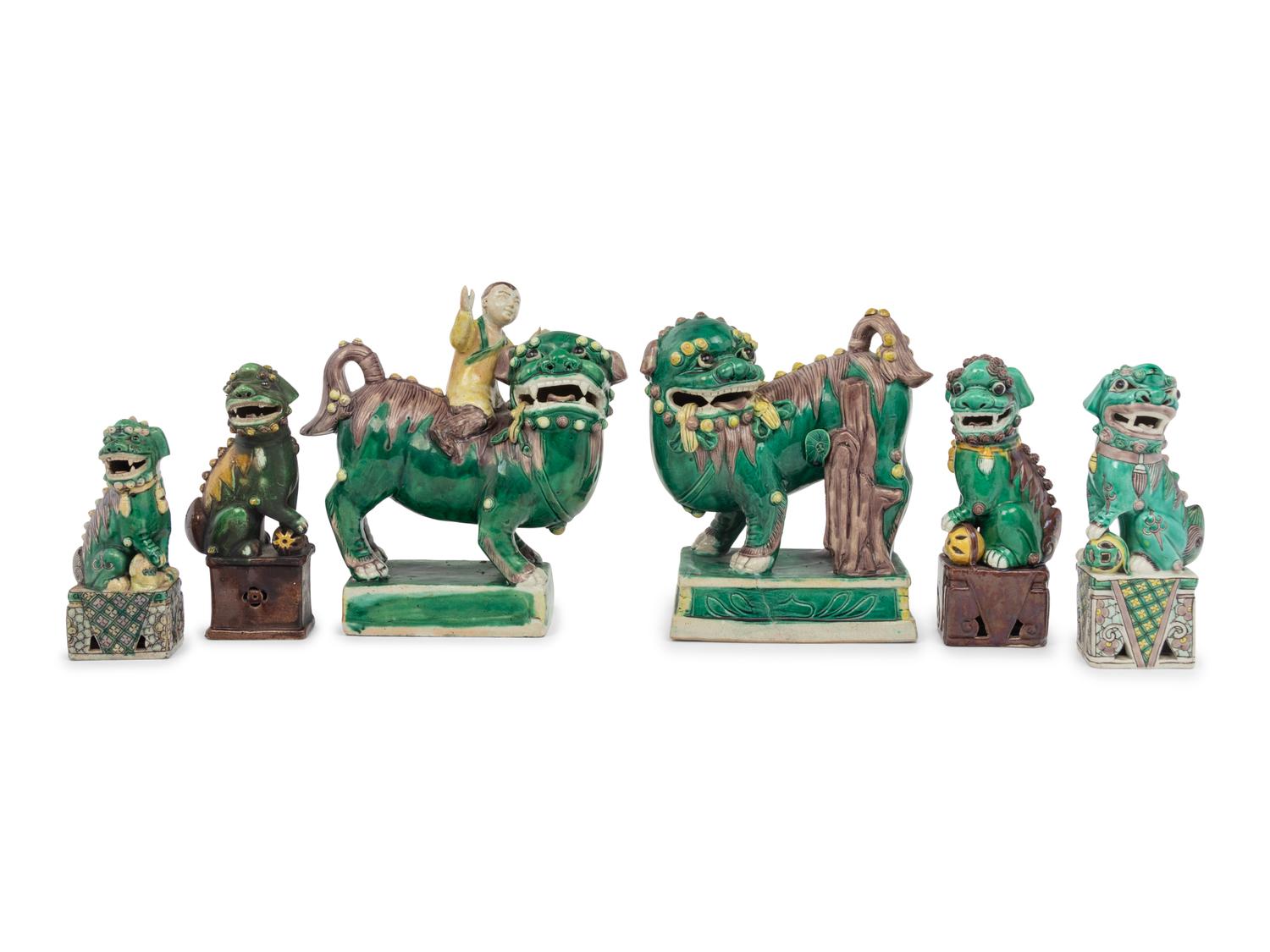 Six Chinese Famille Verte Porcelain Figures of Fu Lions
