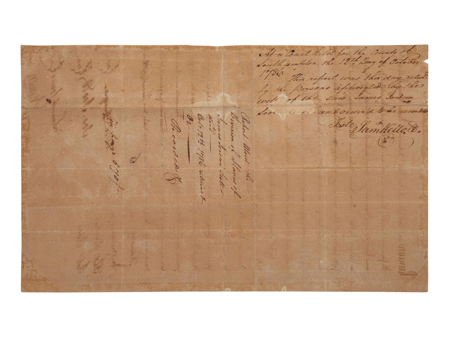 [ENSLAVEMENT & ABOLITION]. Legal document detailing the division of named enslaved individuals according to the last will and testament of their enslaver James Jordan Scott. Southampton Co., [VA], 25 Feb. 1786.