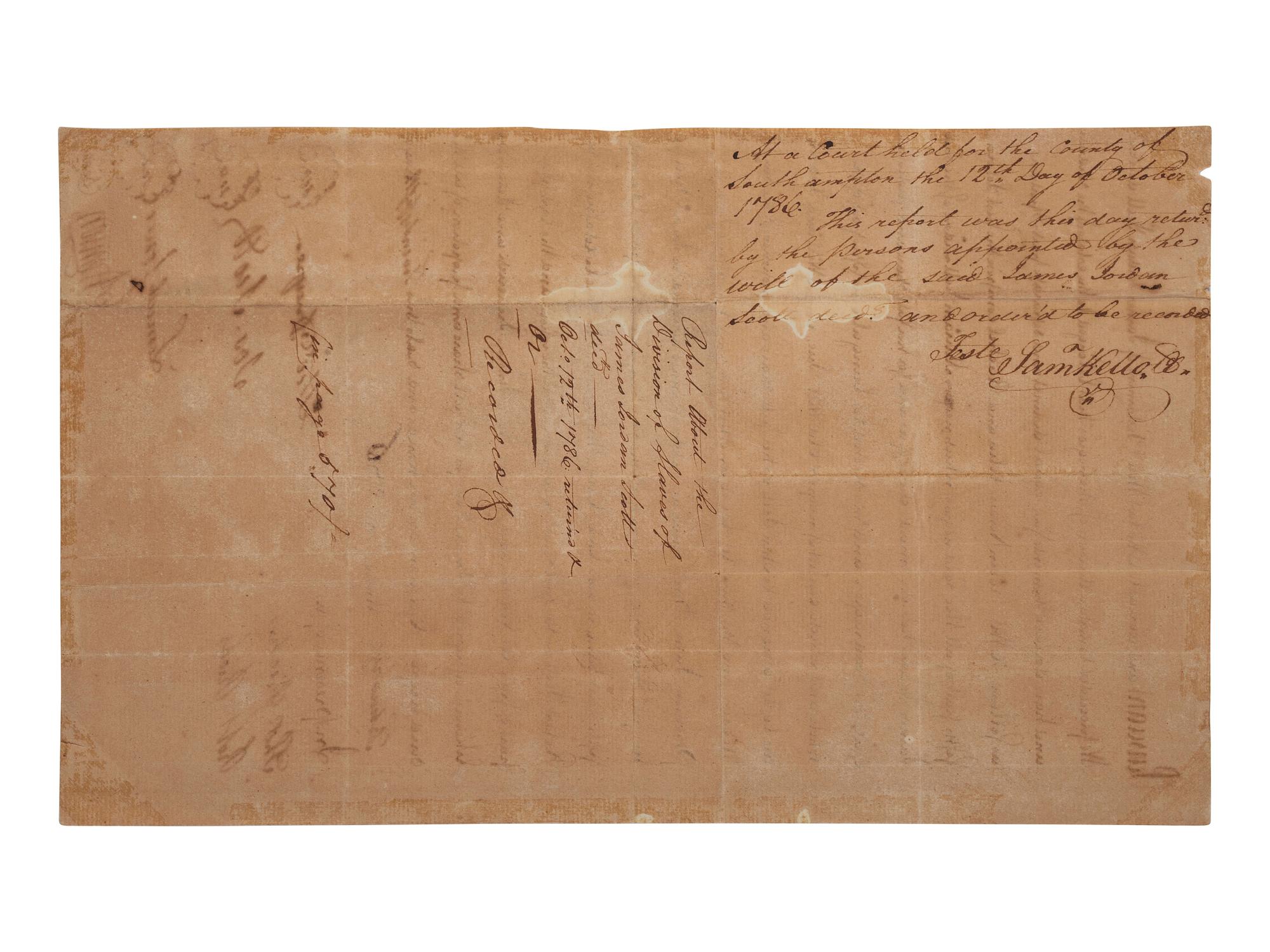 [ENSLAVEMENT & ABOLITION]. Legal document detailing the division of named enslaved individuals according to the last will and testament of their enslaver James Jordan Scott. Southampton Co., [VA], 25 Feb. 1786.