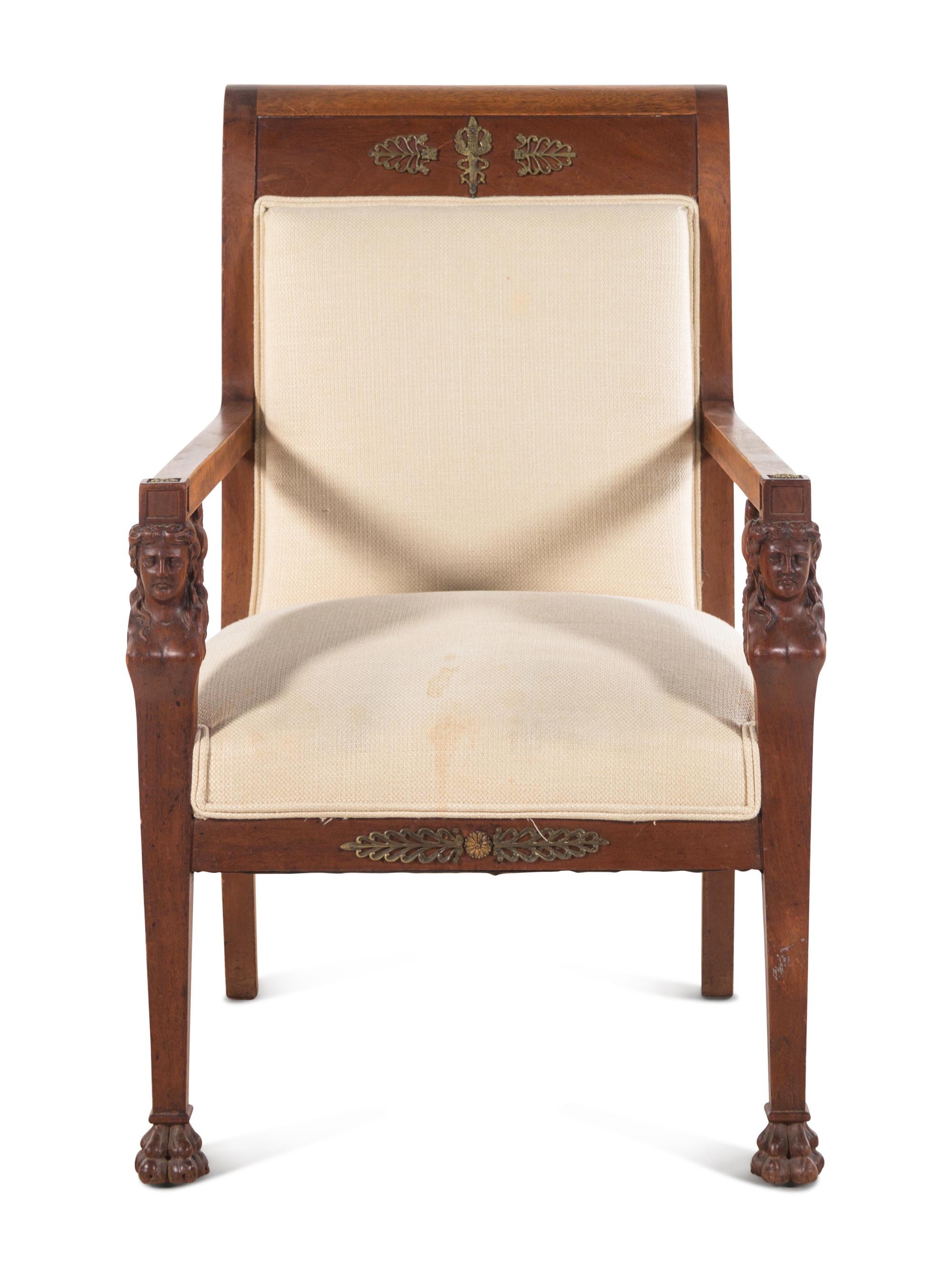 An Empire Style Carved Mahogany Fauteuil