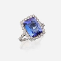 A tanzanite, diamond, and eighteen karat white gold ring