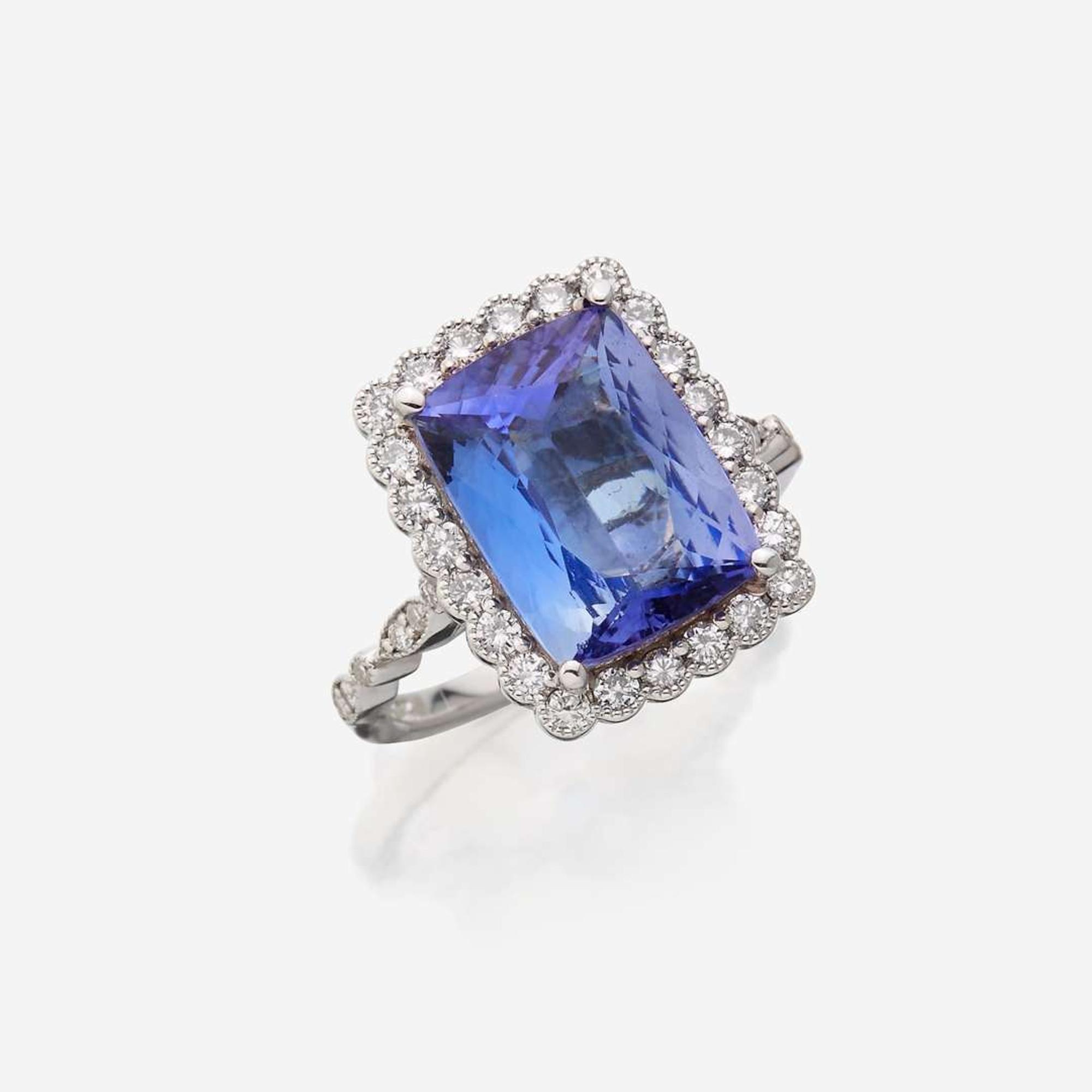 A tanzanite, diamond, and eighteen karat white gold ring