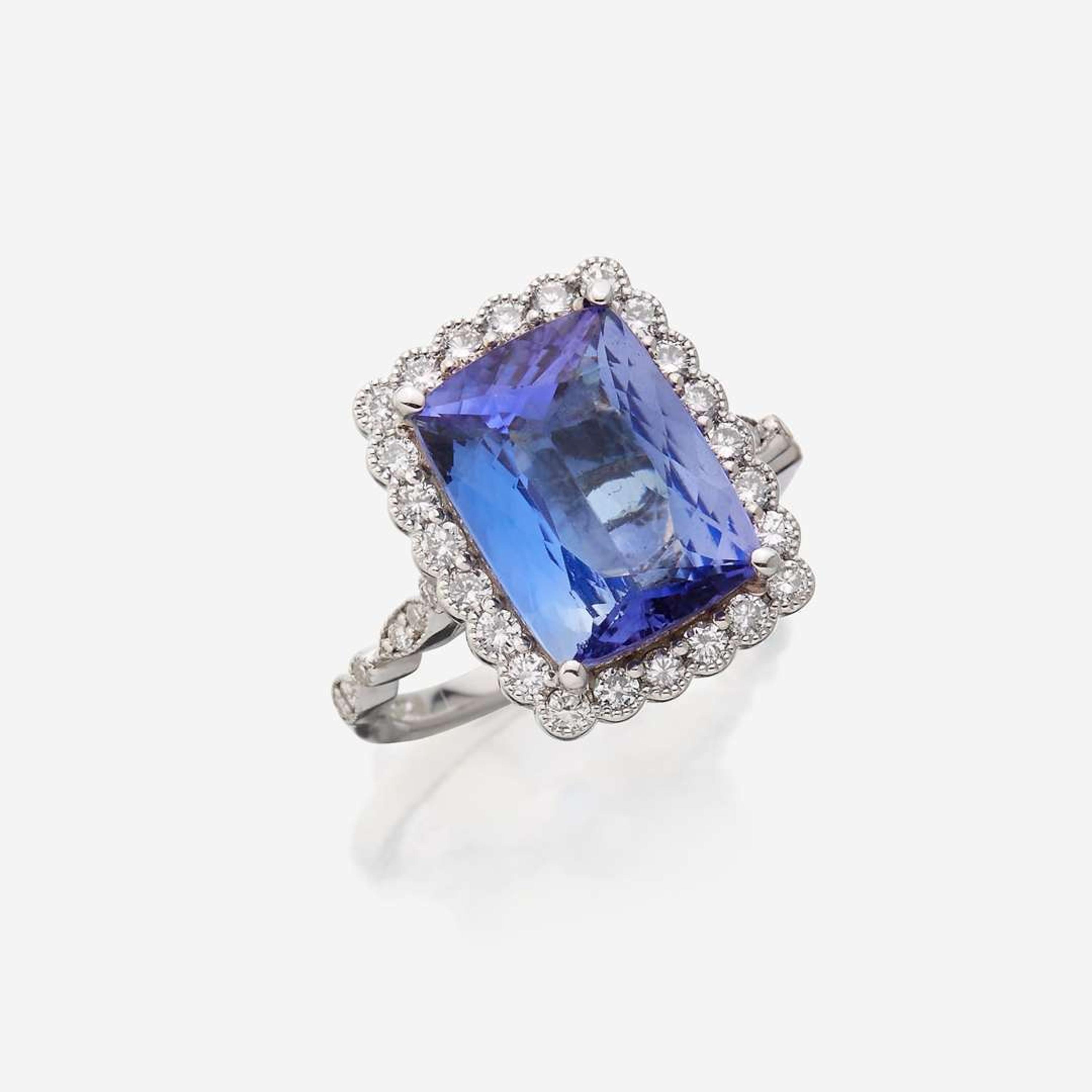 A tanzanite, diamond, and eighteen karat white gold ring