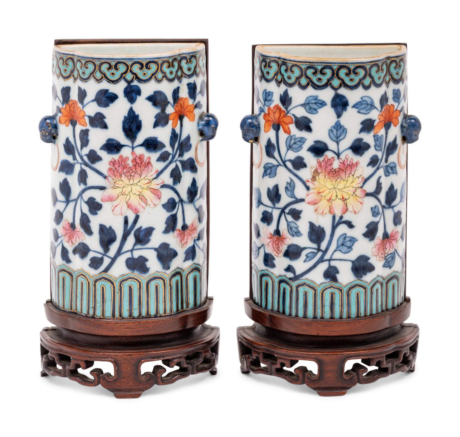 A Pair of Famille Rose and Underglaze Blue Porcelain Wall Vases