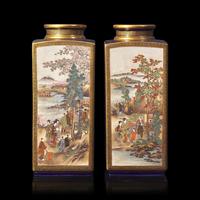 A Pair of Japanese Satsuma Vases, Signed Kizan, Meiji Period 本 明治時代 日岐山造款薩摩燒方瓶一對