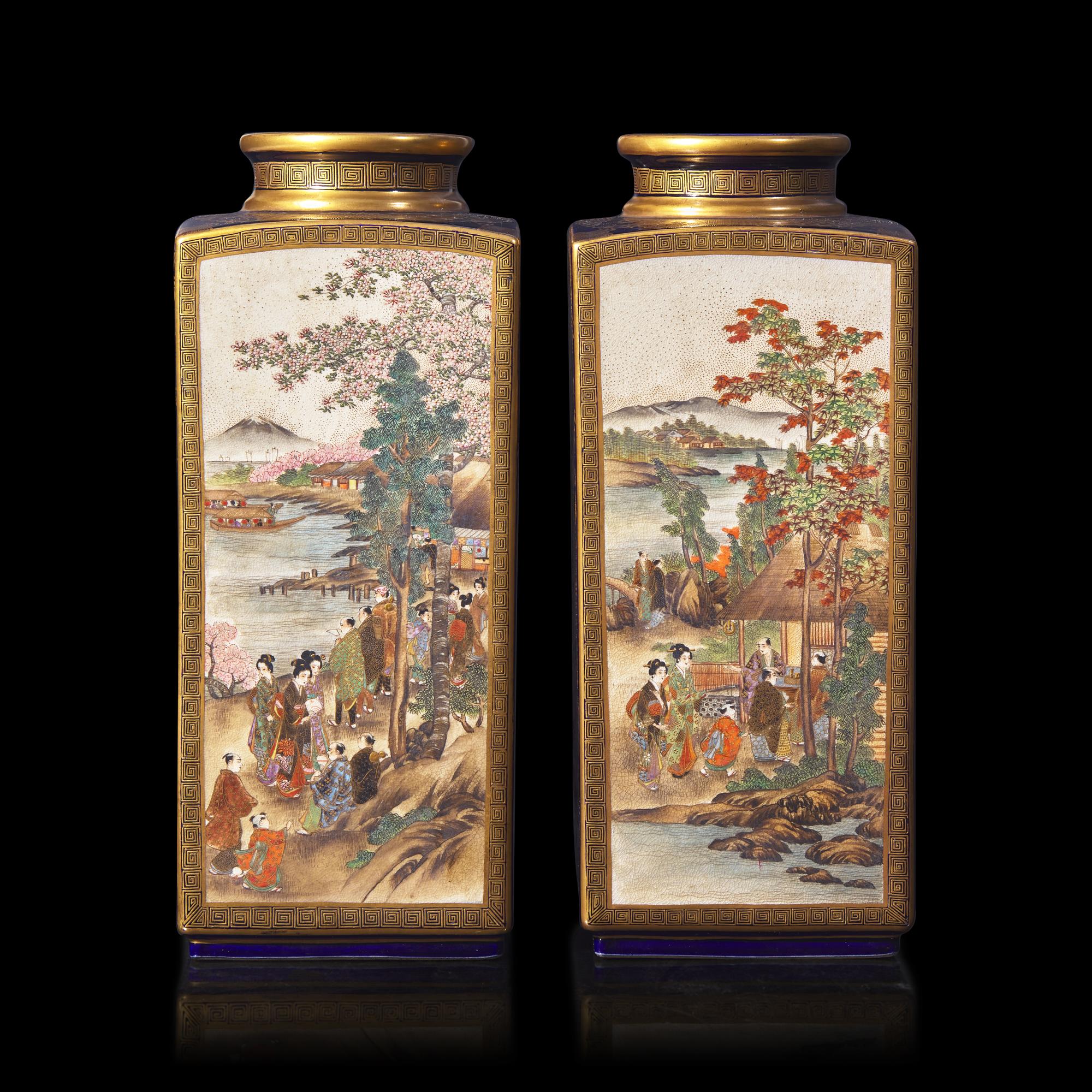 A Pair of Japanese Satsuma Vases, Signed Kizan, Meiji Period 本 明治時代 日岐山造款薩摩燒方瓶一對