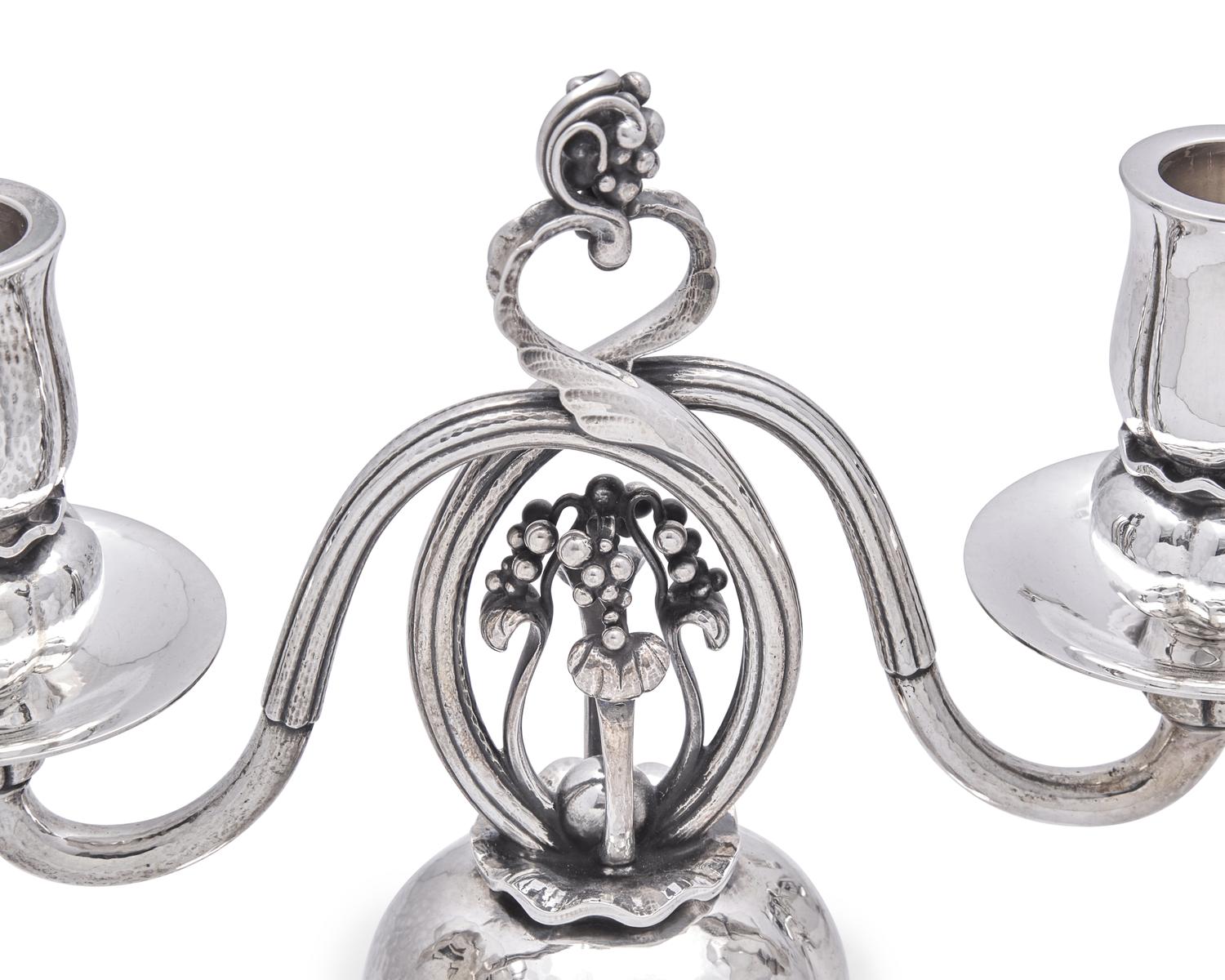 A Pair of Georg Jensen Silver Two-Light Candelabra