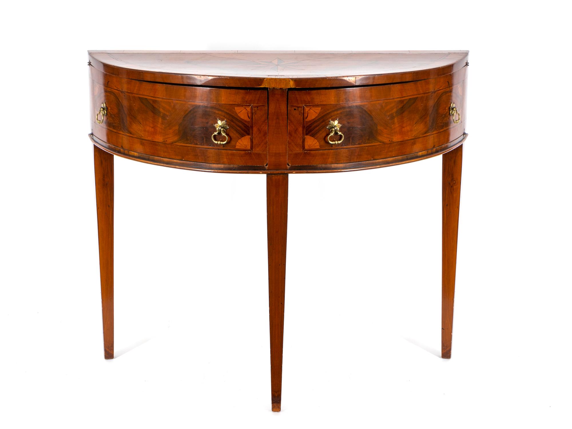 A Northern Italian Inlaid Walnut Demilune Console Table