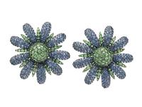 TSAVORITE GARNET, SAPPHIRE, AND BLACKENED GOLD FLOWER EARRINGS
