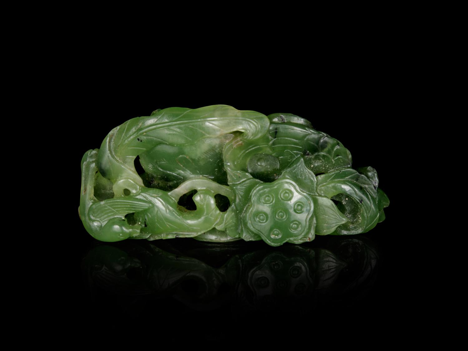 A Spinach Green Jade 'Goose and Lotus' Carving