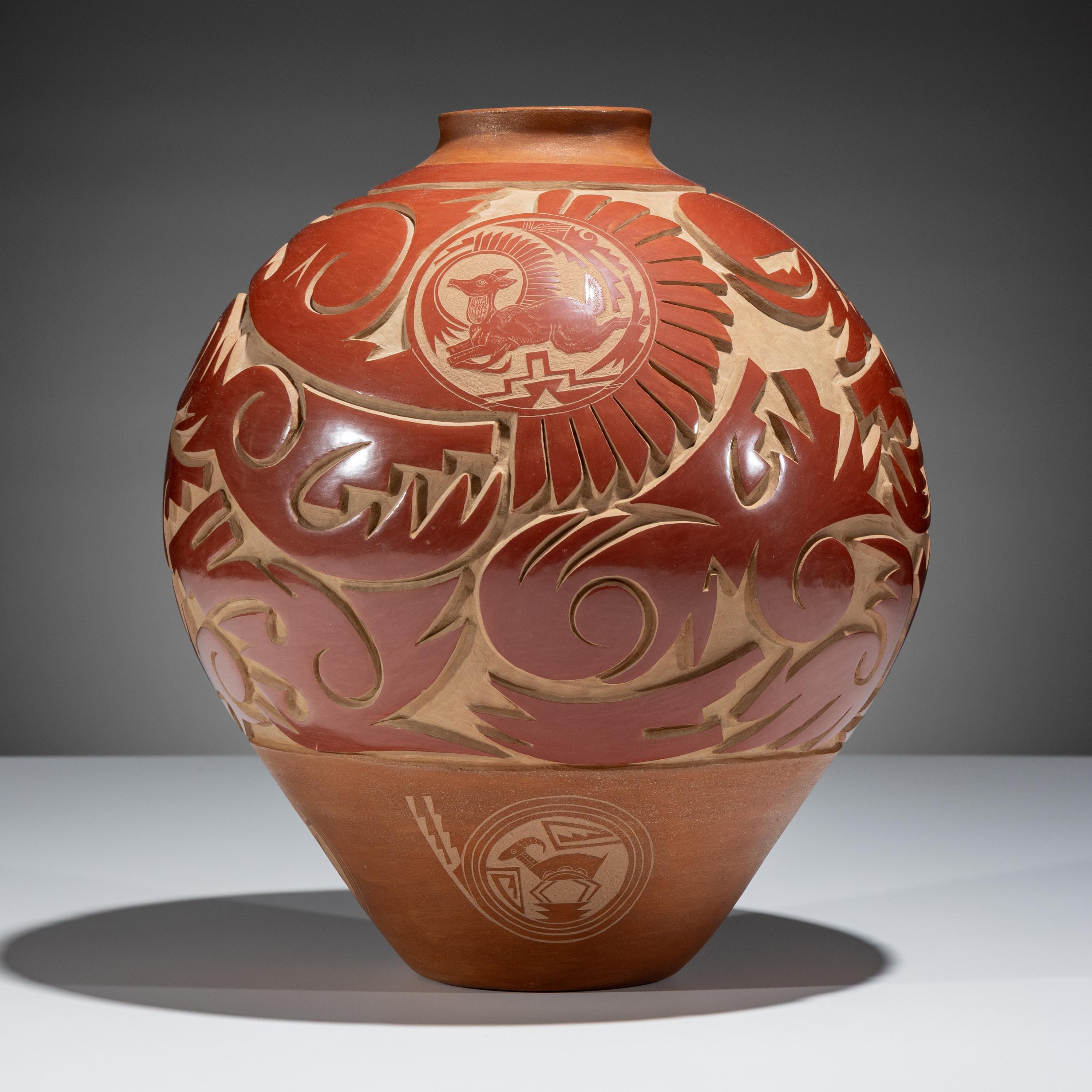 Large Three-Toned Deeply Carved Pottery Jar