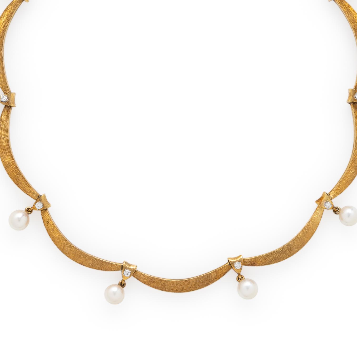 Yellow Gold, Diamond, and Cultured Pearl Necklace