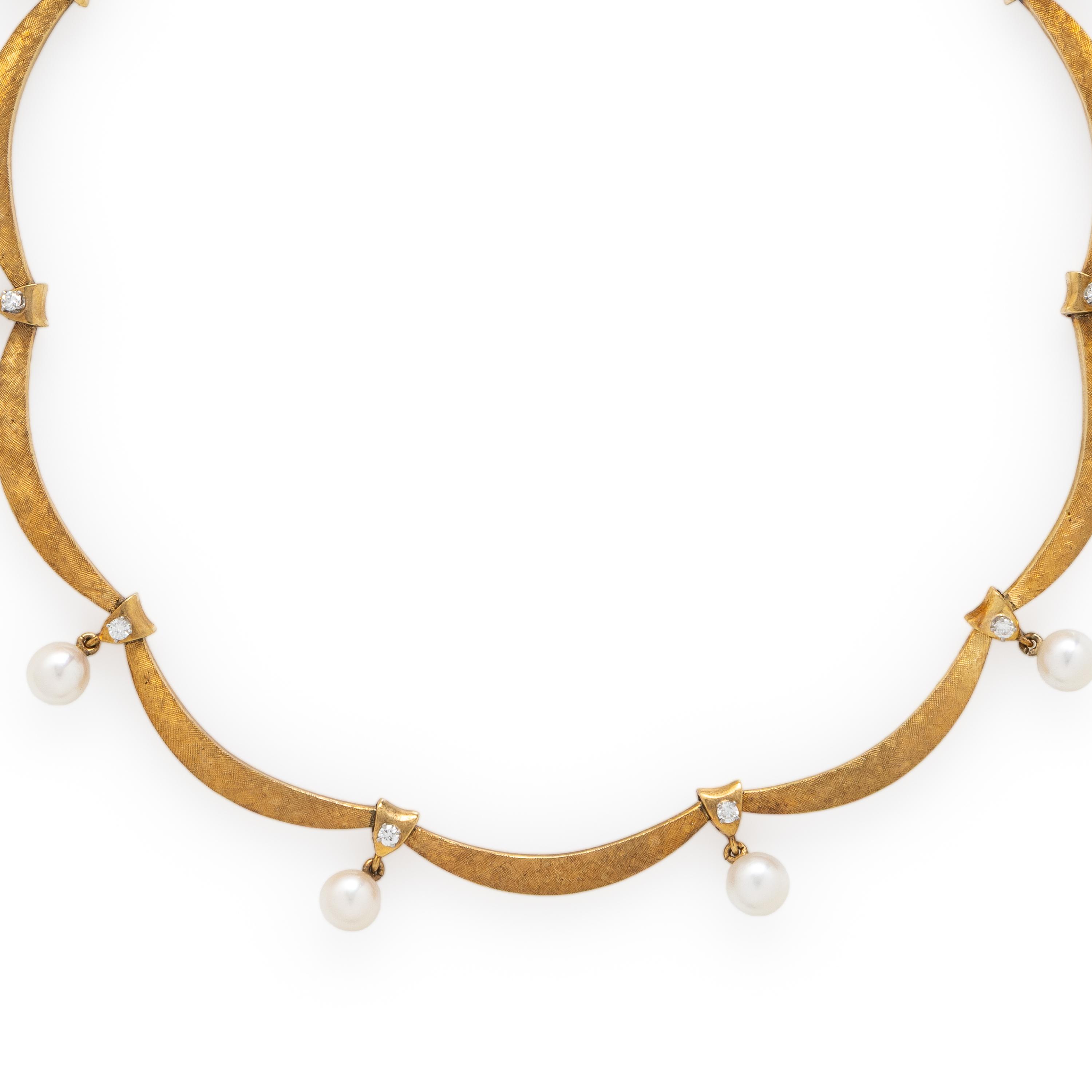 Yellow Gold, Diamond, and Cultured Pearl Necklace