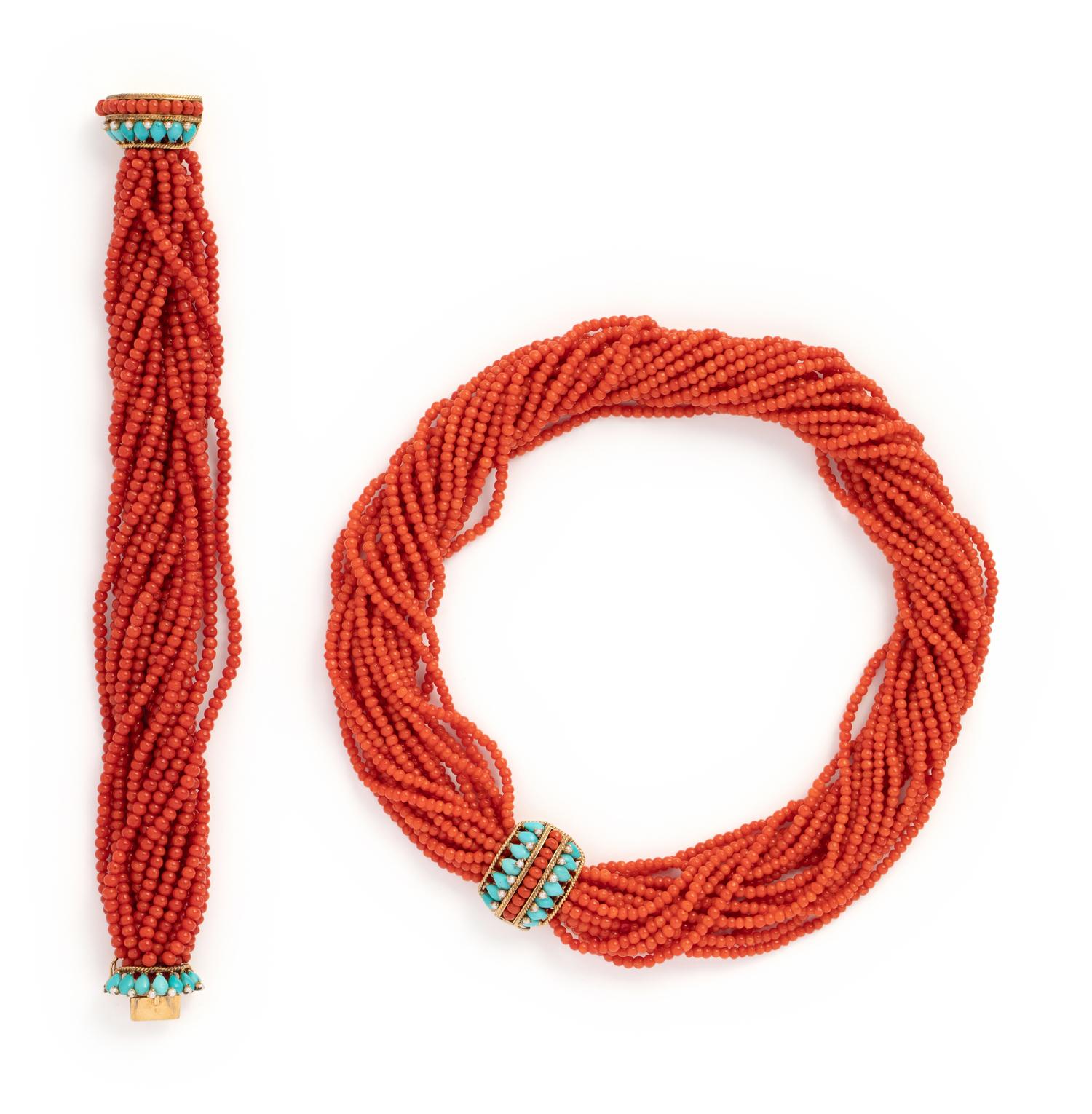 CORAL, TURQUOISE AND PEARL TORSADE SET