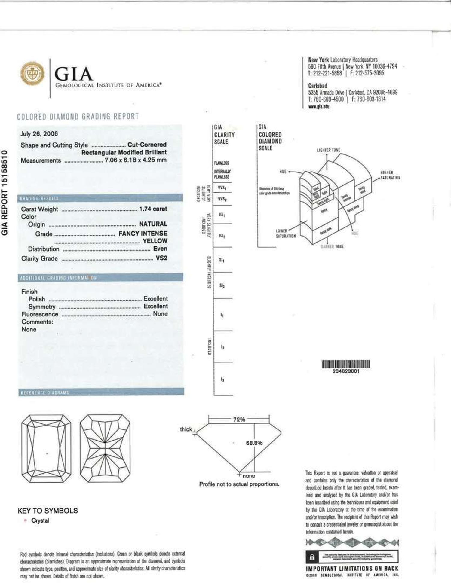 A 14K White Gold, Diamond, and Colored Diamond Ring 1.74 Carat Cut-Cornered Rectangular Modified Brilliant Yellow Diamond, GIA Certified