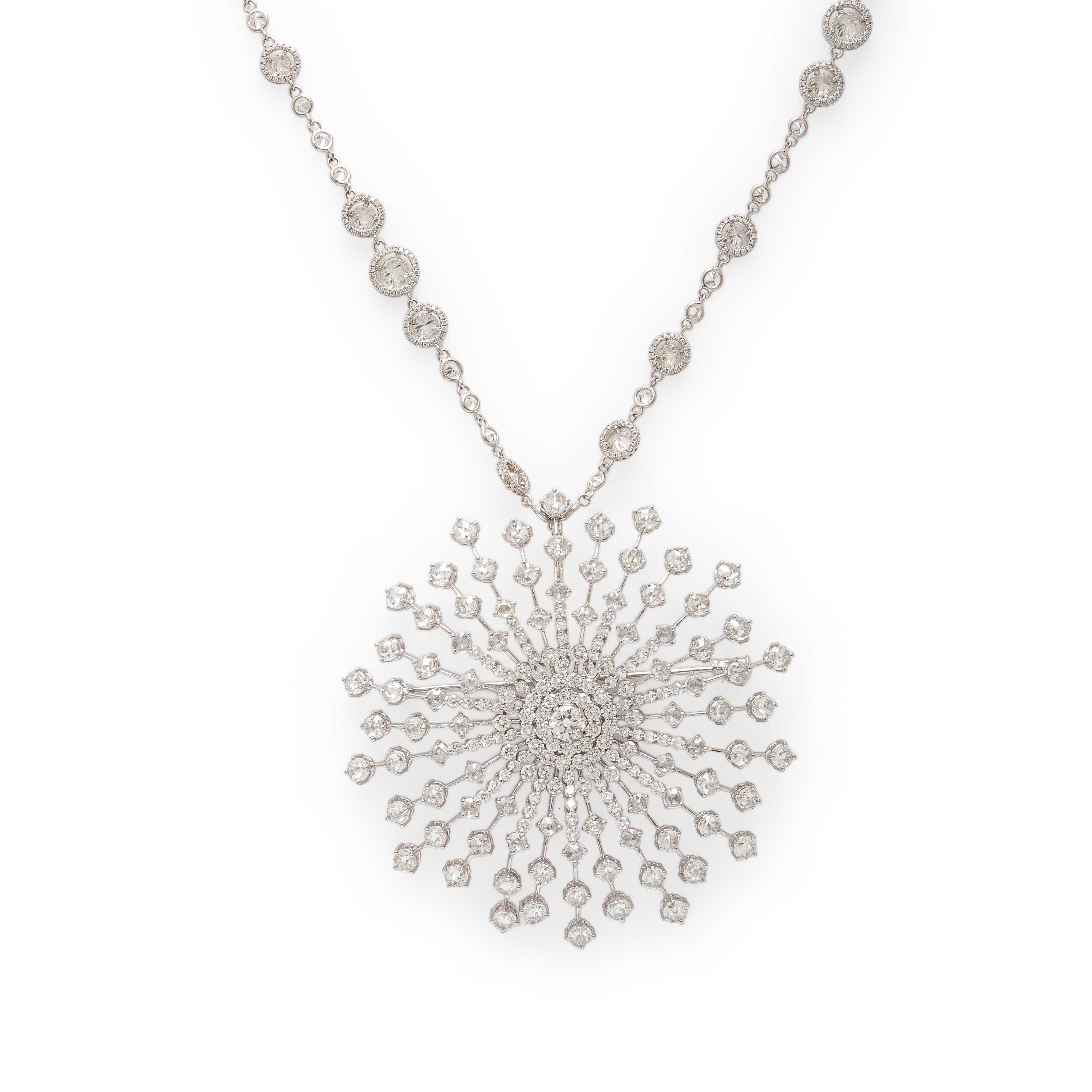 White Gold and Diamond Starburst Pendant and Station Necklace