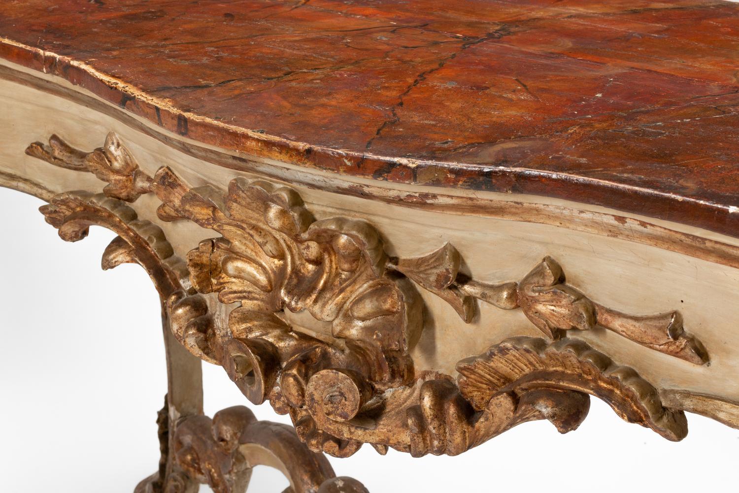 A Pair of Italian Painted and Parcel Gilt Console Tables with Faux Marble Tops