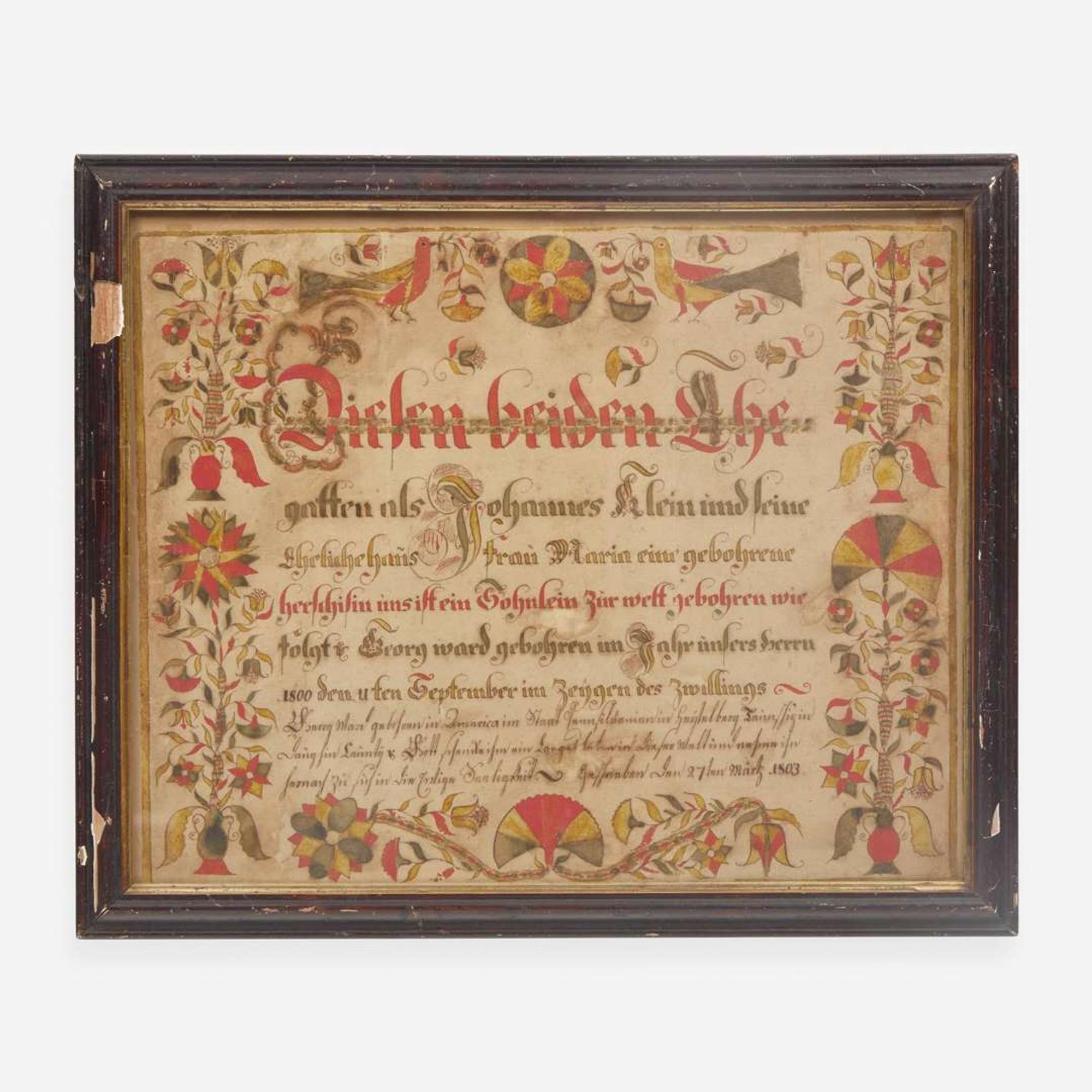A Fraktur birth and baptismal record for George Klein; Dated "27th March 1803"