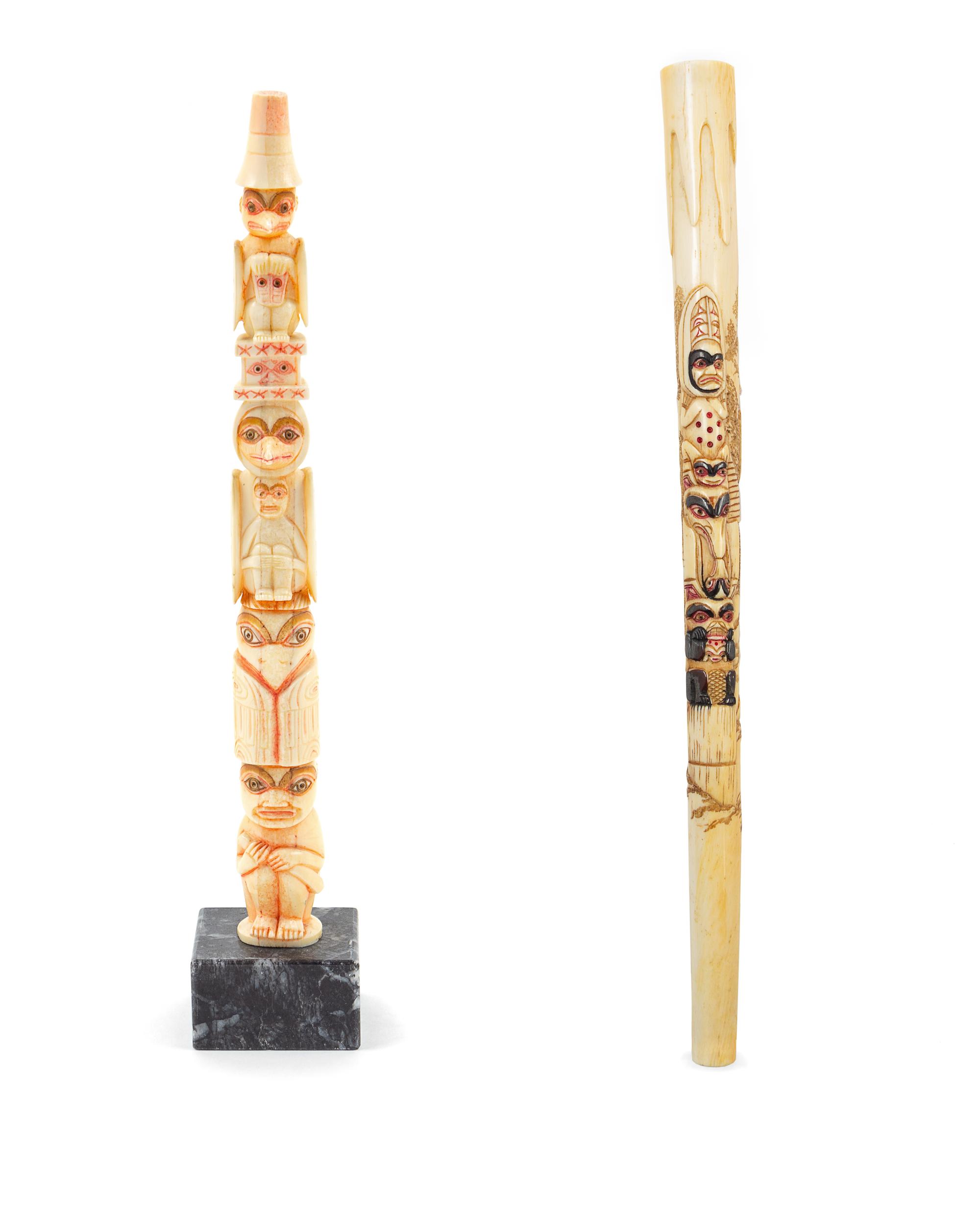 A Pair of Northwest Coast Carved Walrus Tusk Articles Height of taller 12 inches. — LATE 19TH/EARLY 20TH CENTURY