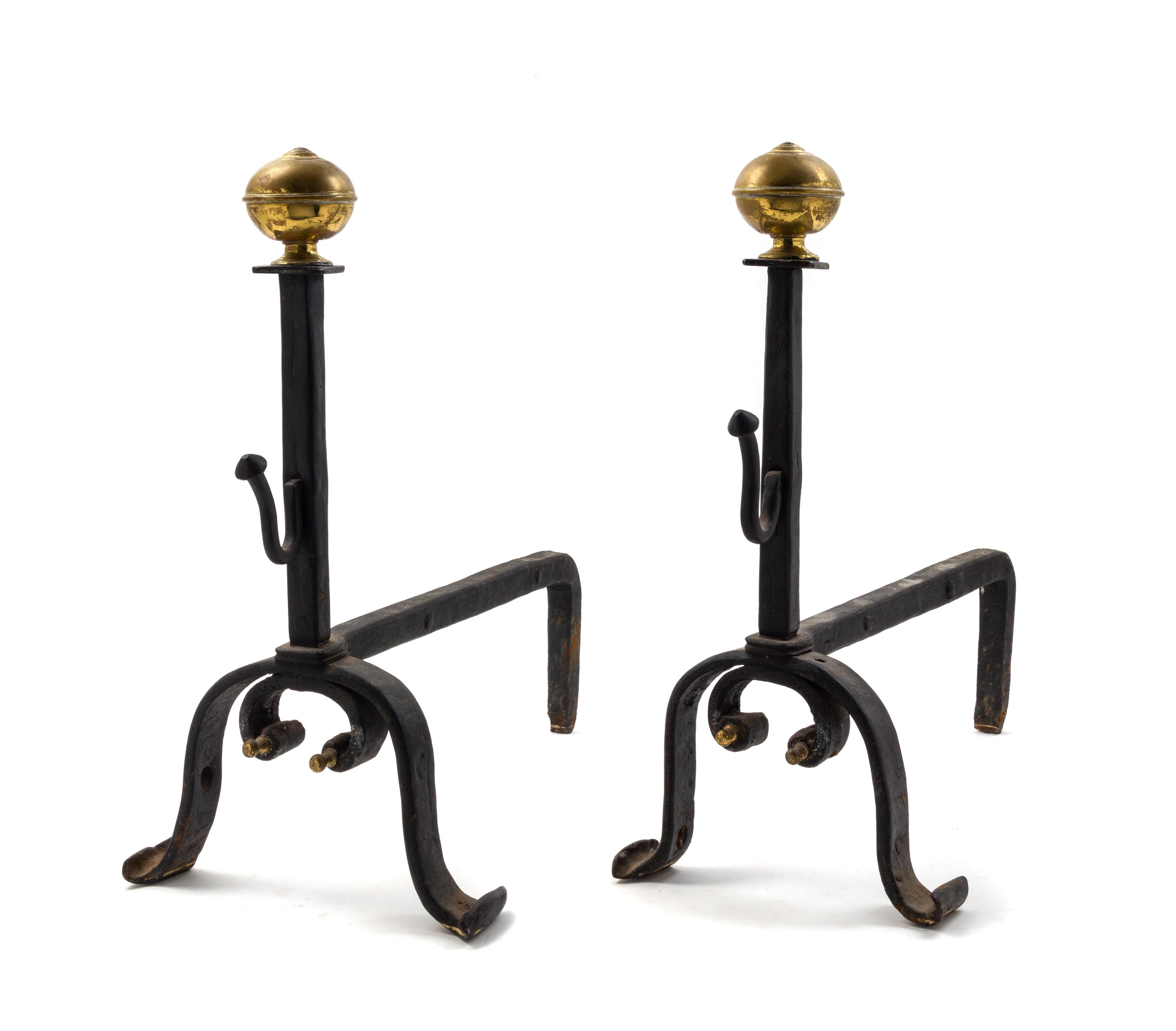 A Pair of Brass and Iron Andirons Height 21 inches. — 18TH/19TH CENTURY
