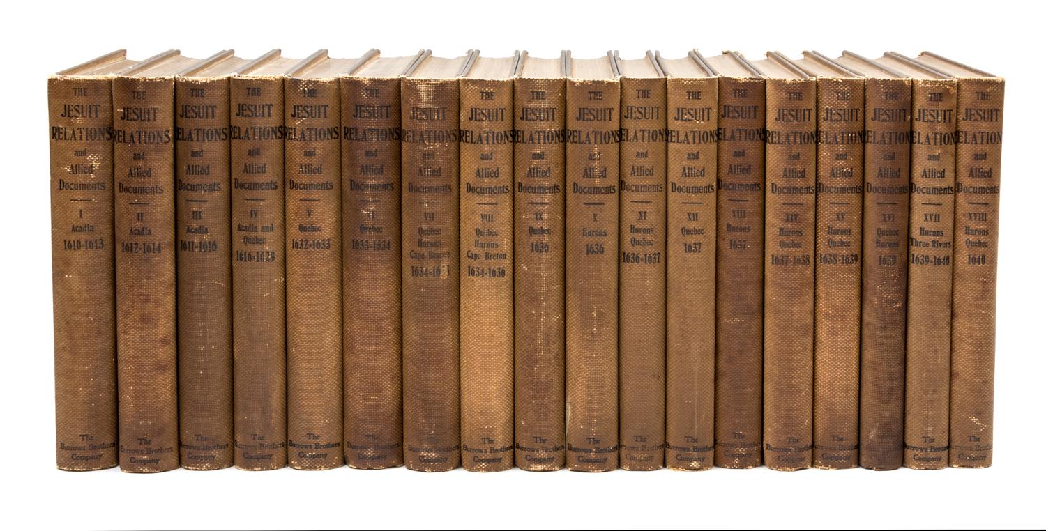 THWAITES, REUBEN GOLD. The Jesuit Relations and Allied Documents...in New France. Cleveland, 1896-1901. Limited. 73 vols.