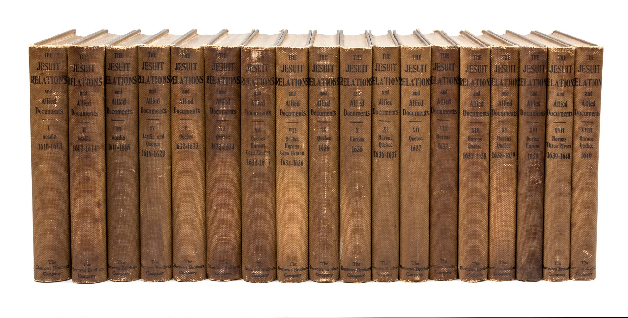 THWAITES, REUBEN GOLD. The Jesuit Relations and Allied Documents...in New France. Cleveland, 1896-1901. Limited. 73 vols.