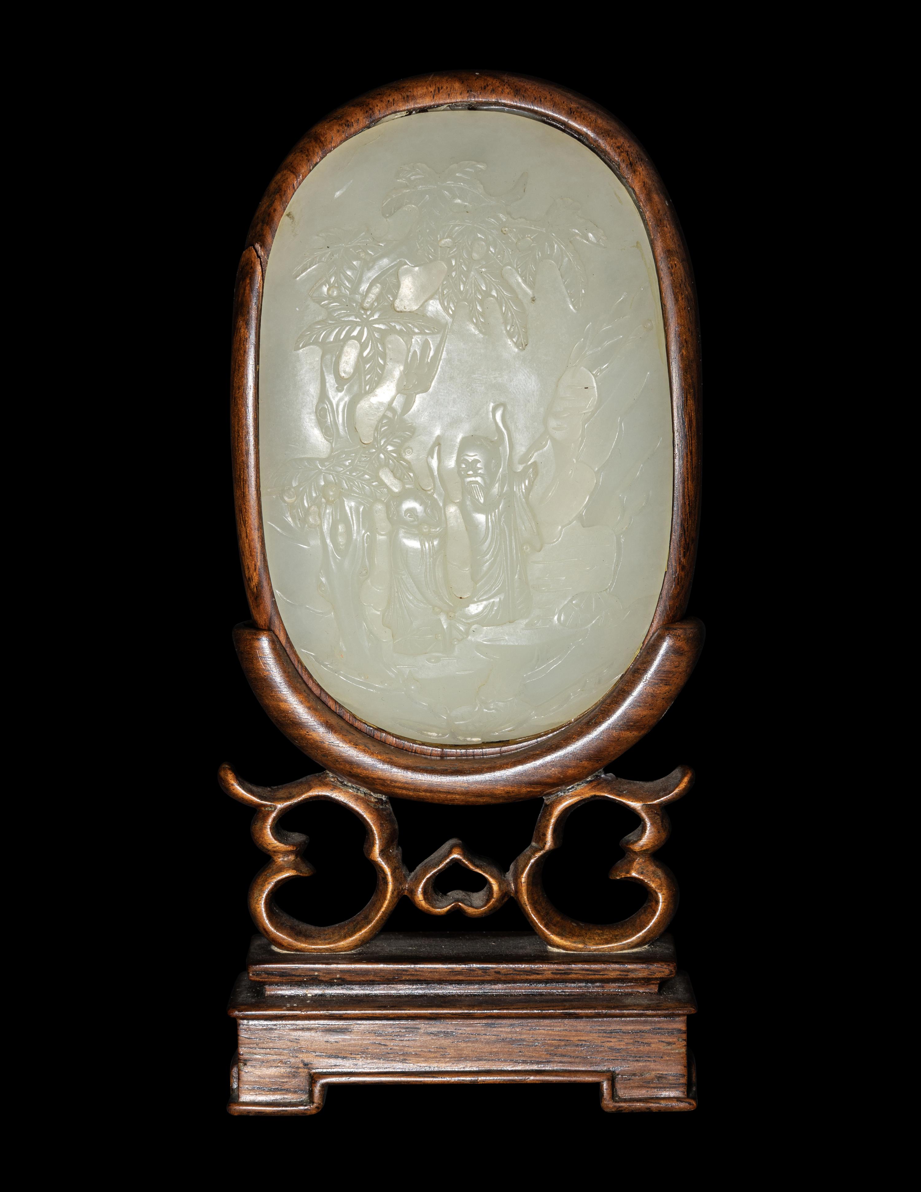 A Chinese White Jade Inset Hardwood Table Screen