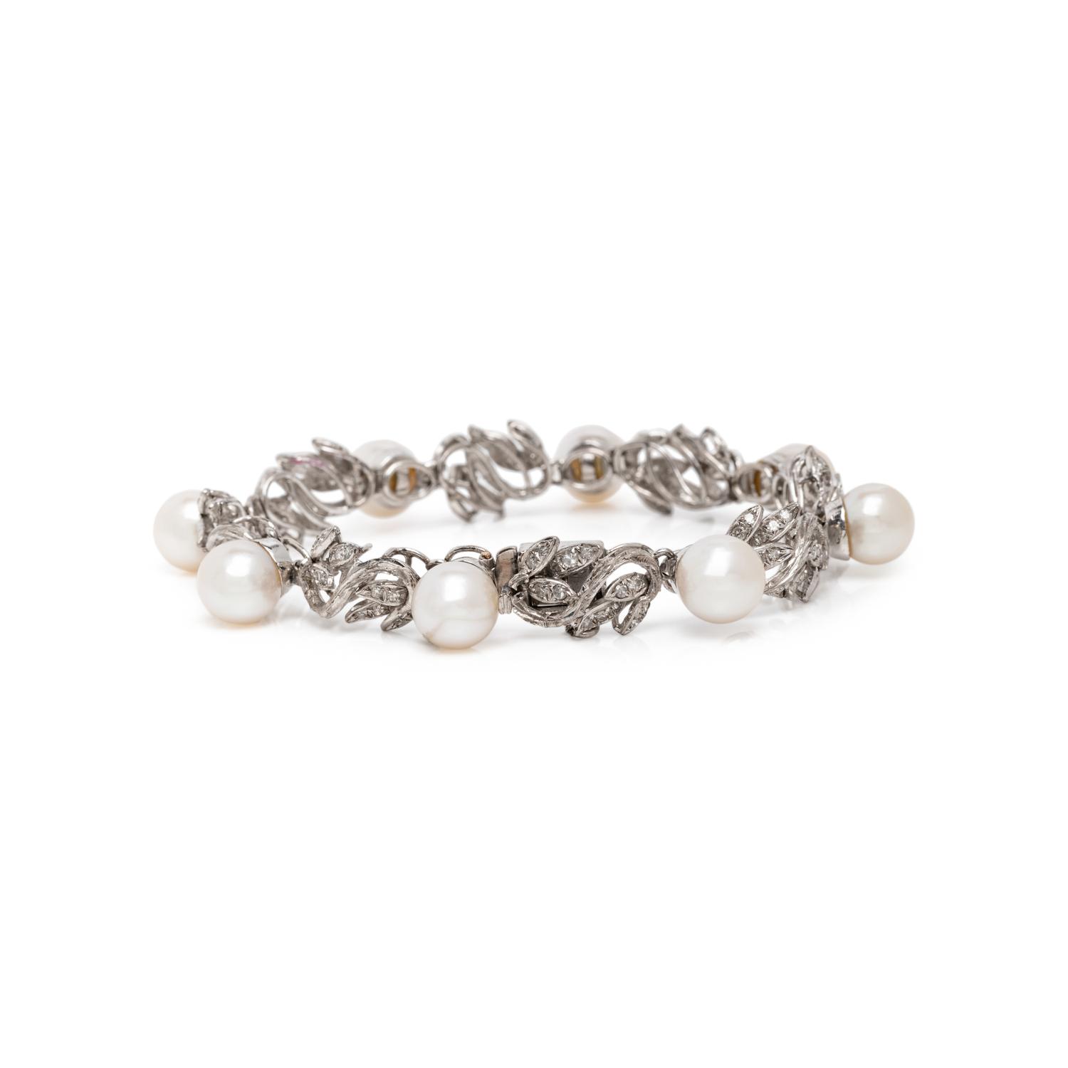 CULTURED PEARL, DIAMOND, AND WHITE GOLD BRACELET