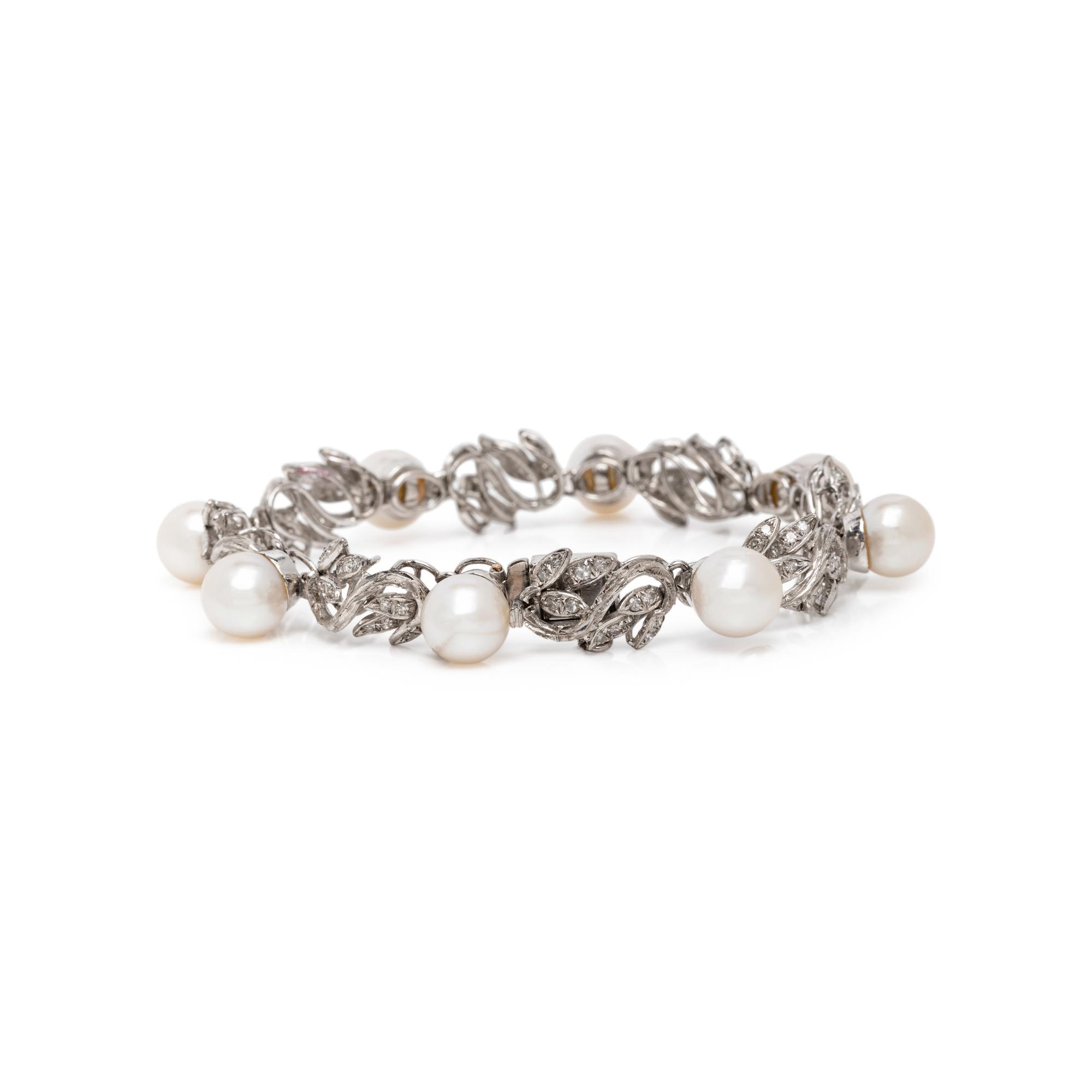 CULTURED PEARL, DIAMOND, AND WHITE GOLD BRACELET