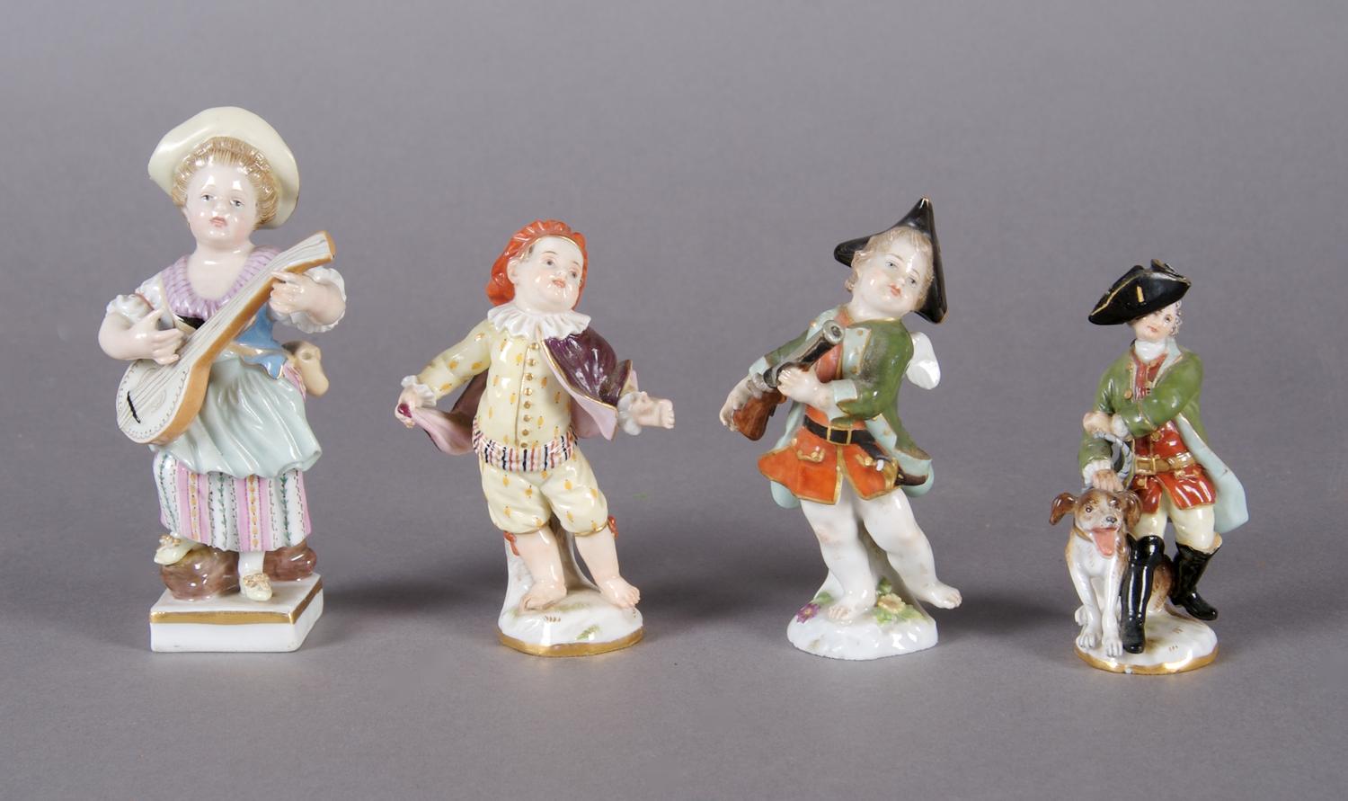A Collection of Four Meissen Porcelain Figures, Height of tallest 4 1/4 inches.