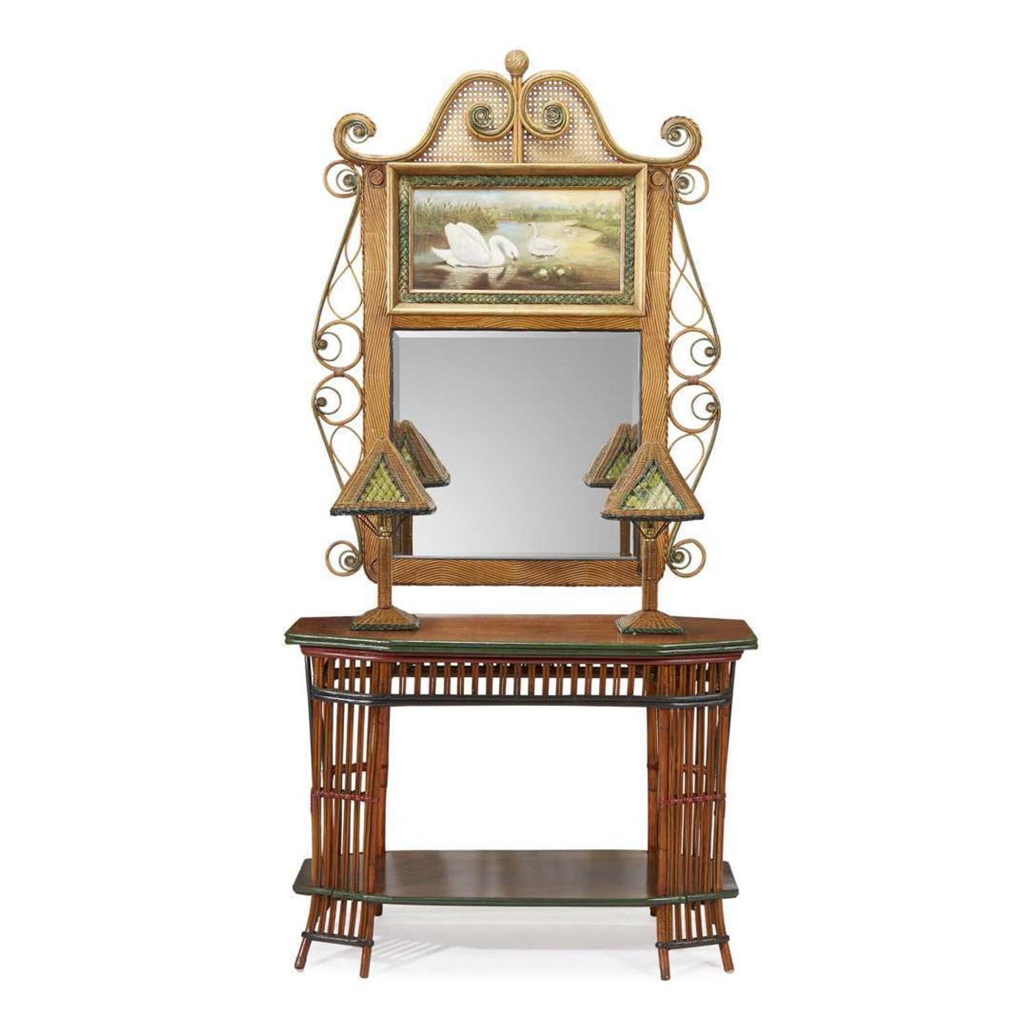 A pair of polychrome painted wicker and fabric-lined table lamps american, circa 1900