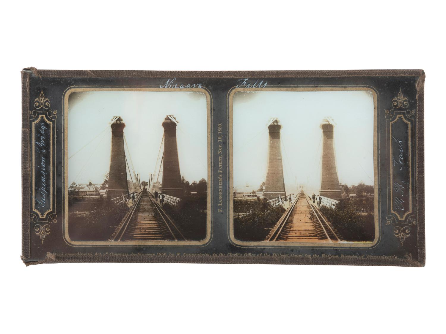 [EARLY PHOTOGRAPHY]. 2 views of Niagara Falls, NY, incl. glass stereoview by F. Langenheim, 1856.