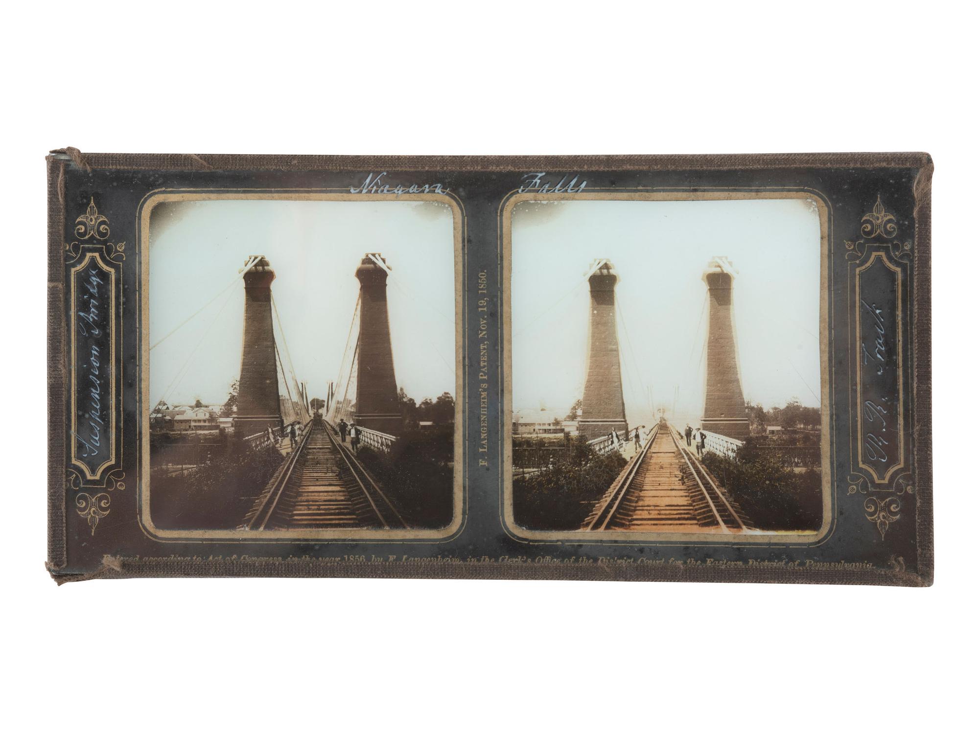 [EARLY PHOTOGRAPHY]. 2 views of Niagara Falls, NY, incl. glass stereoview by F. Langenheim, 1856.