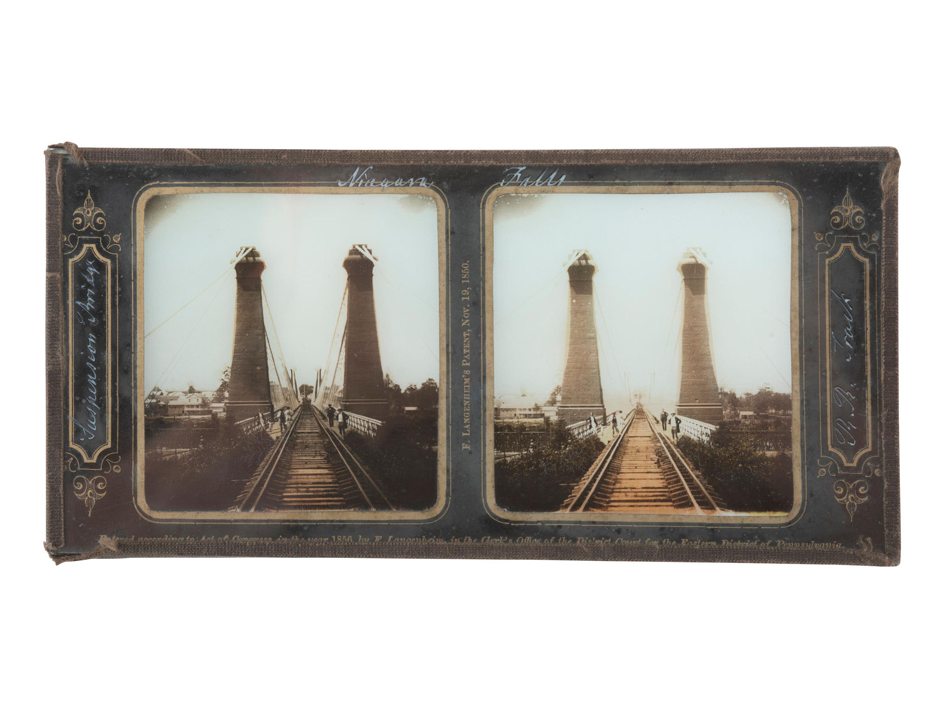 [EARLY PHOTOGRAPHY]. 2 views of Niagara Falls, NY, incl. glass stereoview by F. Langenheim, 1856.