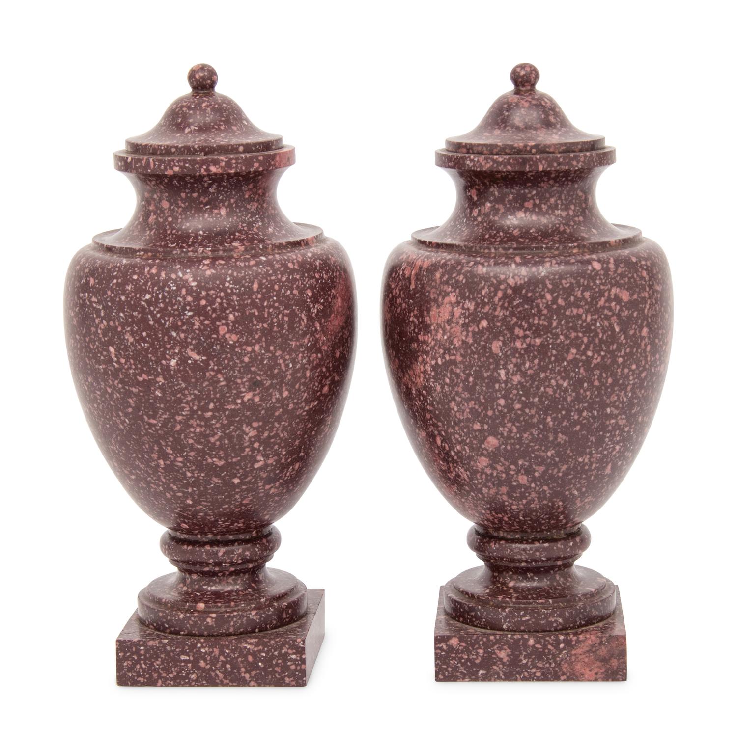 A Pair of Neoclassical Style Carved Porphyry Covered Urns
