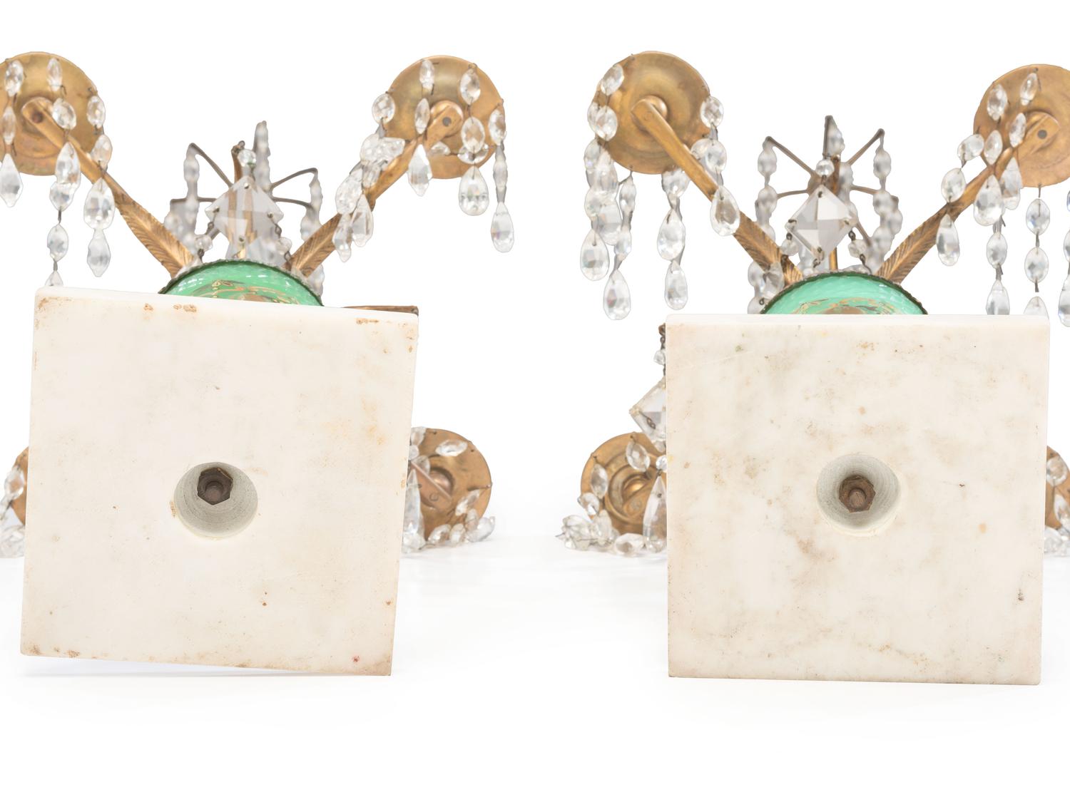 A Pair of French Gilt Bronze Mounted Marble and Cut Glass Four-Light Candelabra