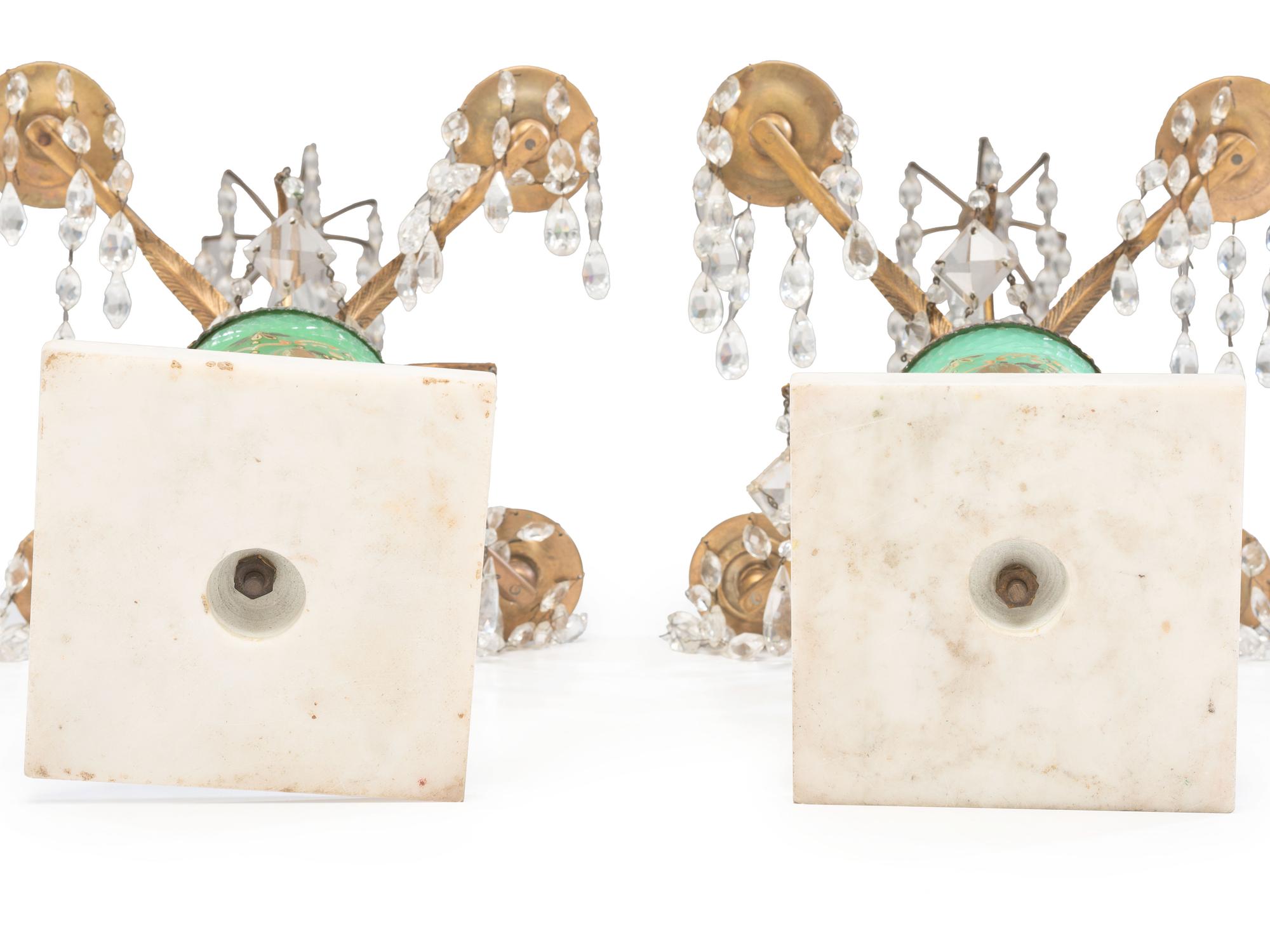 A Pair of French Gilt Bronze Mounted Marble and Cut Glass Four-Light Candelabra